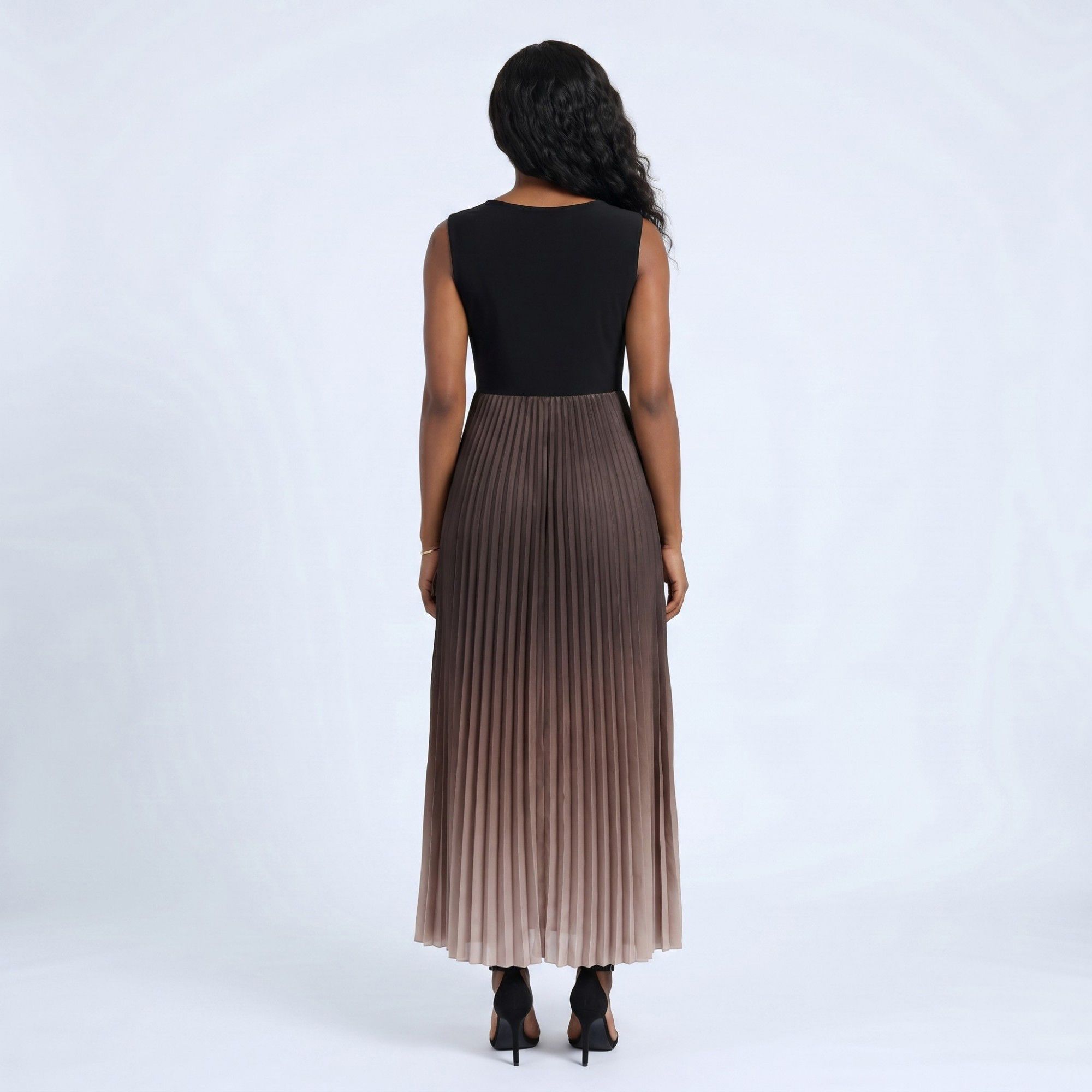Anna-Kaci Women's Sleeveless High Neck Pleated Ombre A-Line Maxi Dress with Flowy Skirt