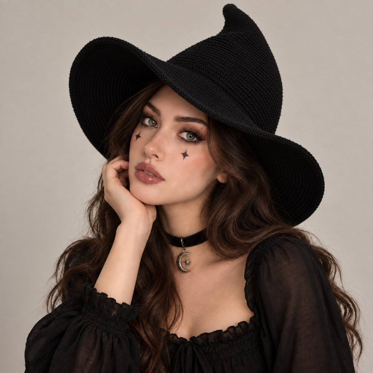Pointed Knit Witch Hat with Wide Floppy Brim for Halloween