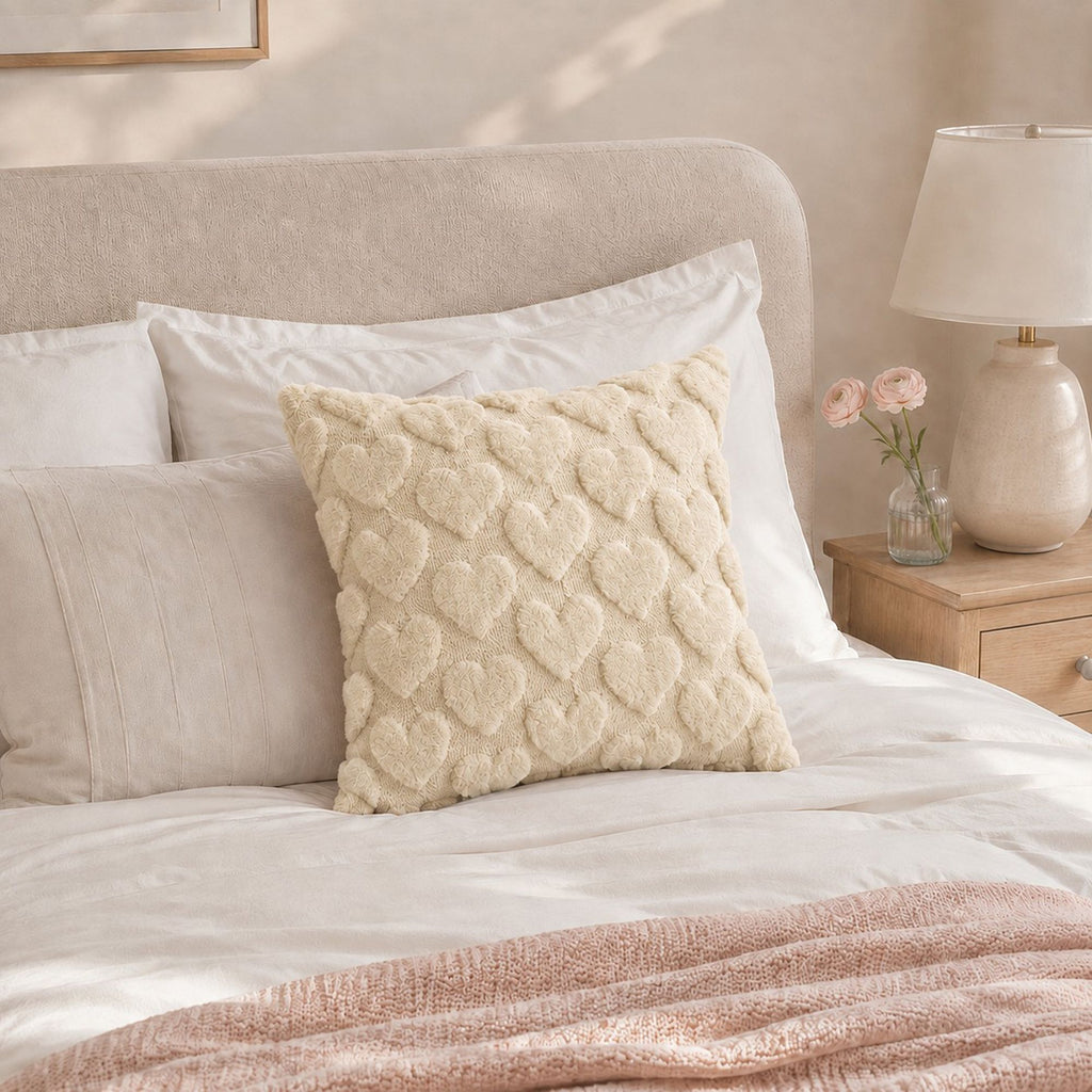 Plush Heart Textured Throw Pillow Cover for Couch Bed and Chair