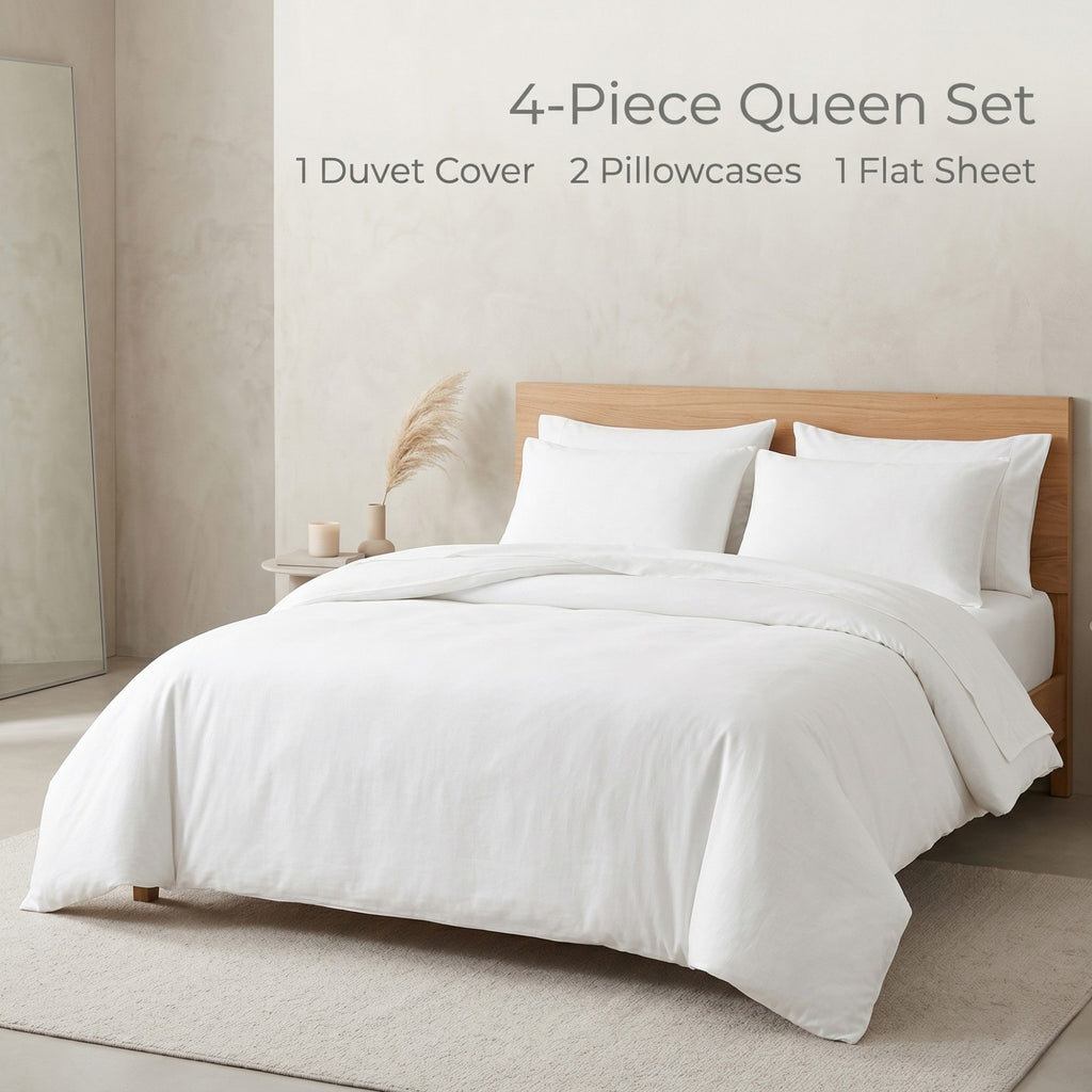4-Piece Cotton Washed Bedding Set with Duvet Cover Flat Sheet and Pillowcases Textured Woven Finish