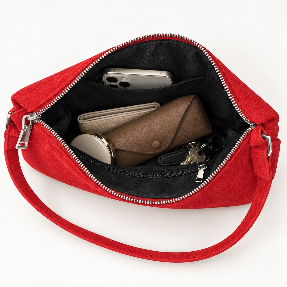 Faux Suede Hobo Shoulder Bag with Zip Closure and Interior Pockets