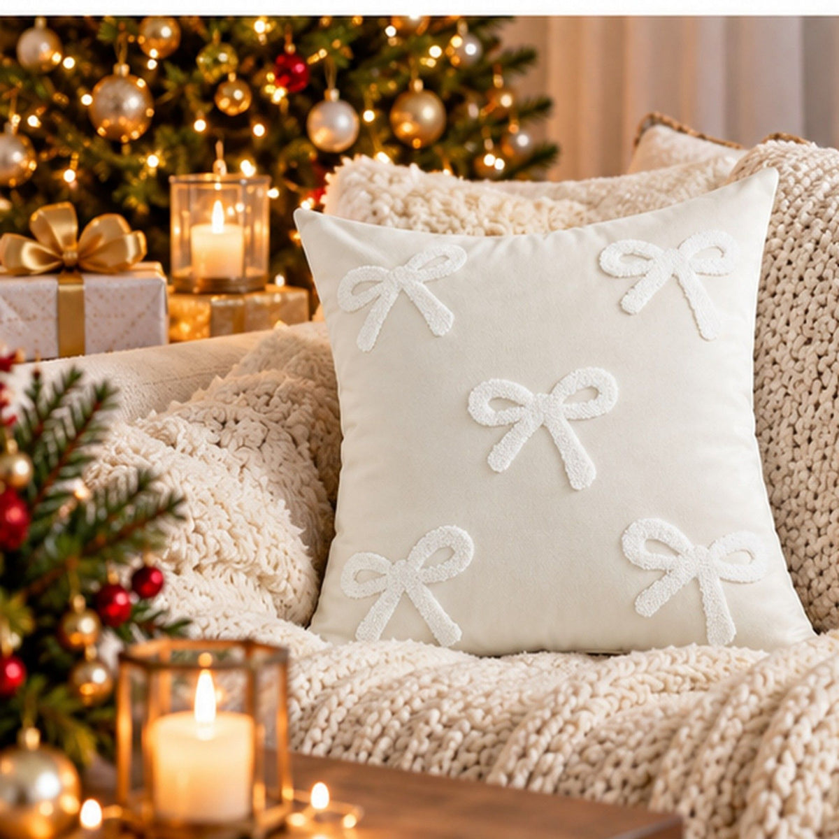 1 Piece Decorative Bow Throw Pillow Cover Soft Velvet Christmas Accent 18 x 18 Inch