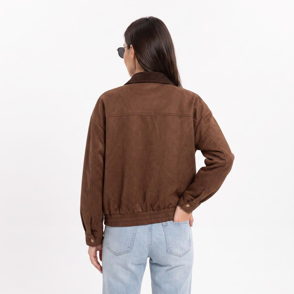 Utility Jacket Zip Front Contrast Collar Chest Pockets Relaxed Fit