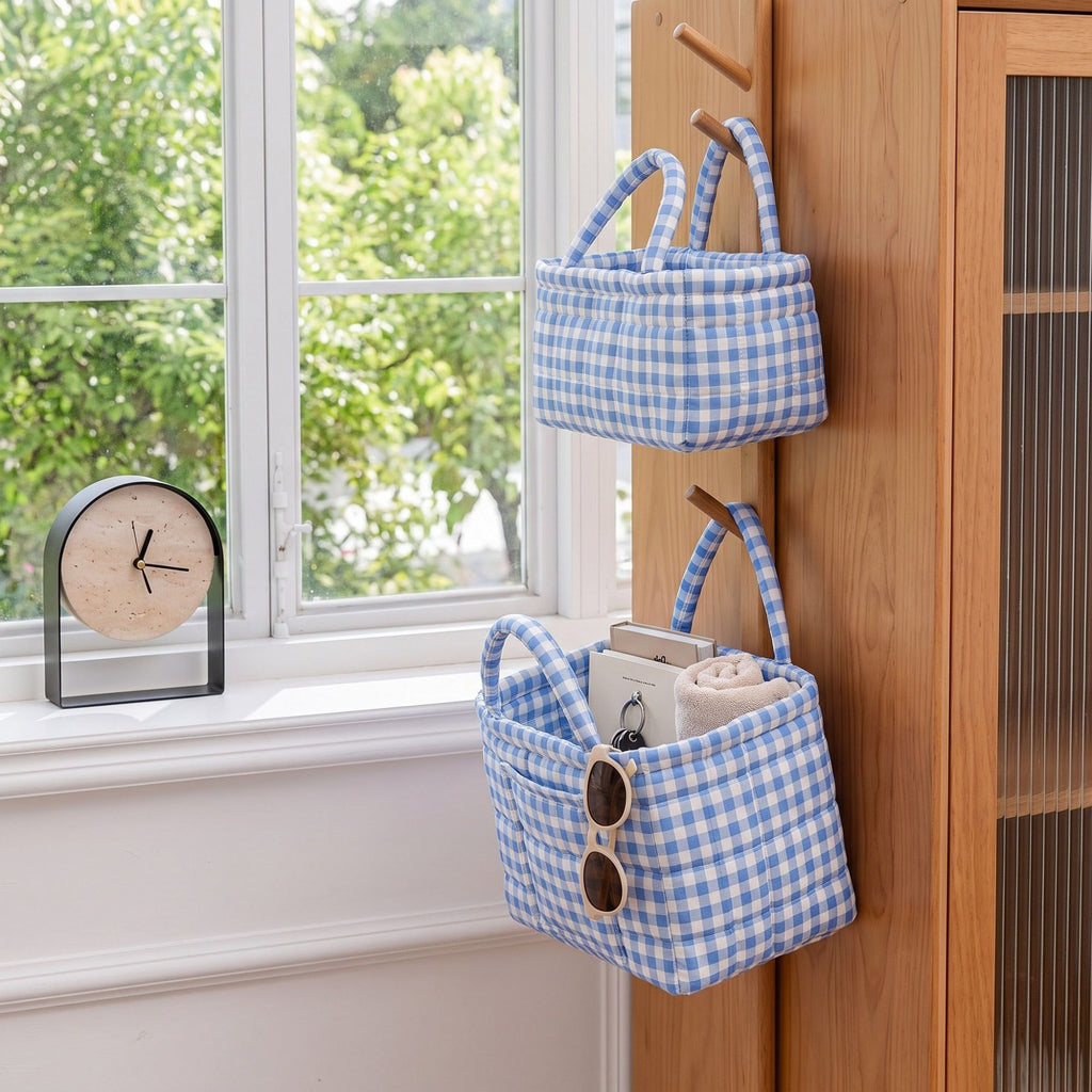 2 Piece Quilted Gingham Storage Tote Set with Handles and Front Pocket