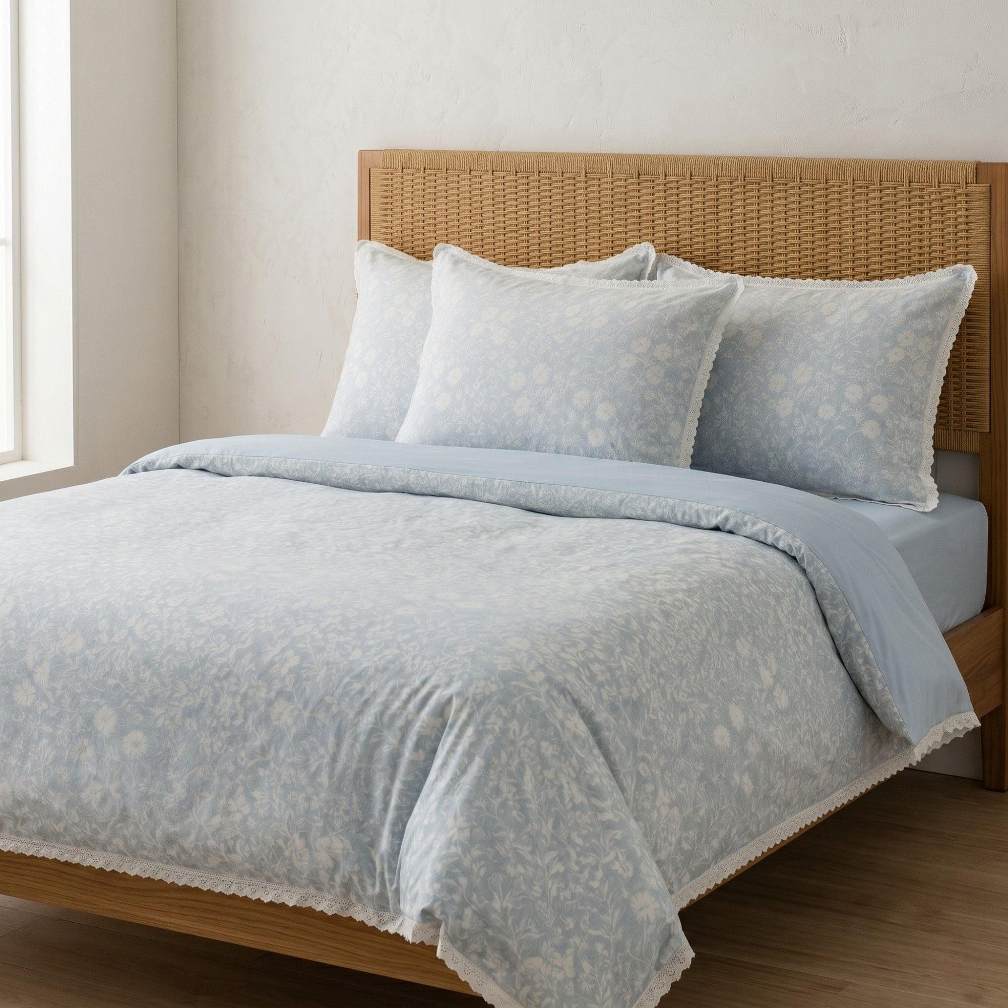 4-Piece Cotton Washed Jacquard Bedding Set with Duvet Cover Flat Sheet and Pillowcases Floral Texture