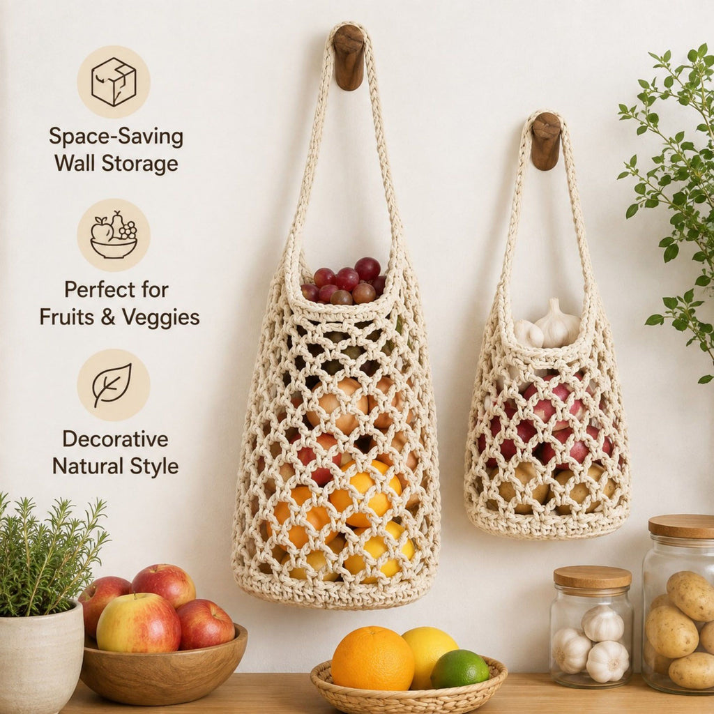 Macrame Hanging Produce Basket Set Woven Cotton Rope Storage Organizer