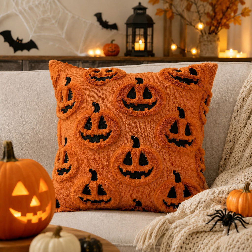 Halloween Pumpkin Ghost Textured Decorative Throw Pillow Cover for Sofa Bed Chair