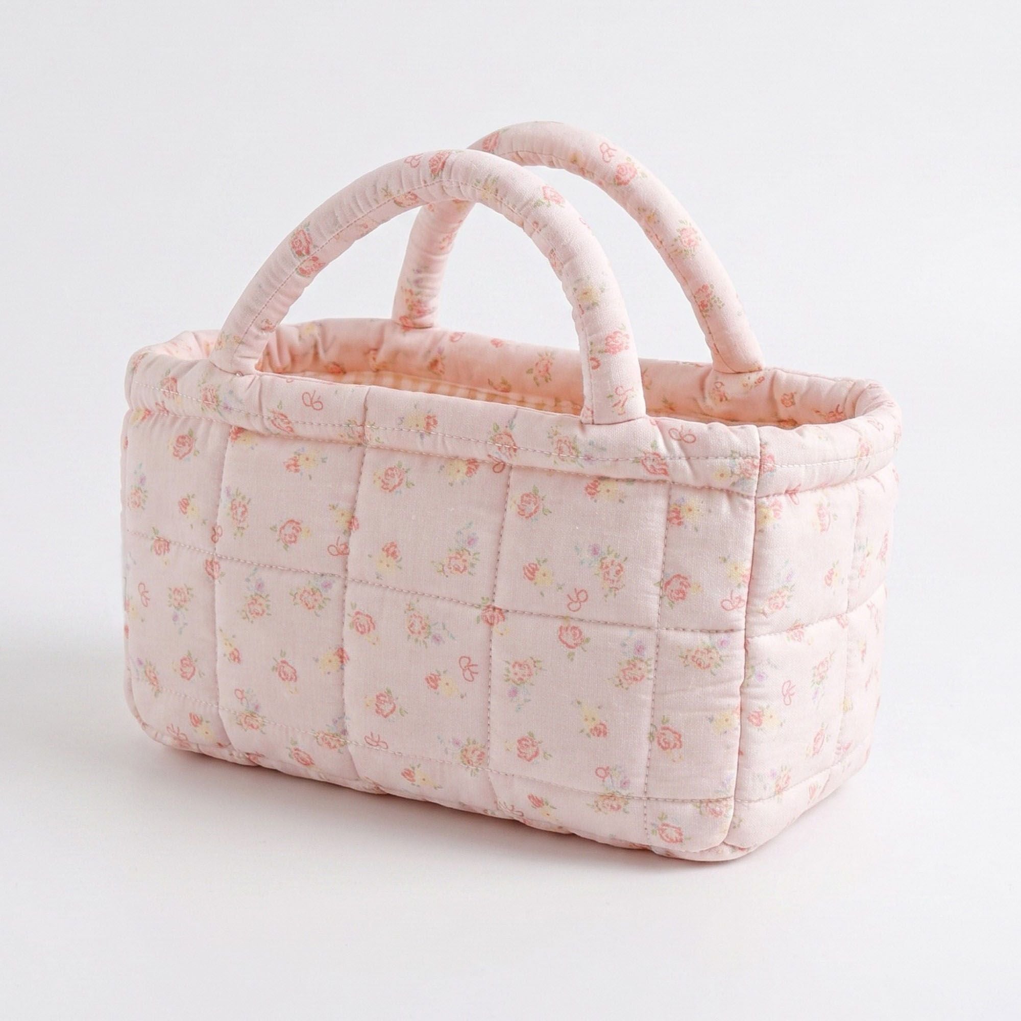 Cesto/Bolso de almacenamiento guateado con estampado floral y asas acolchadas