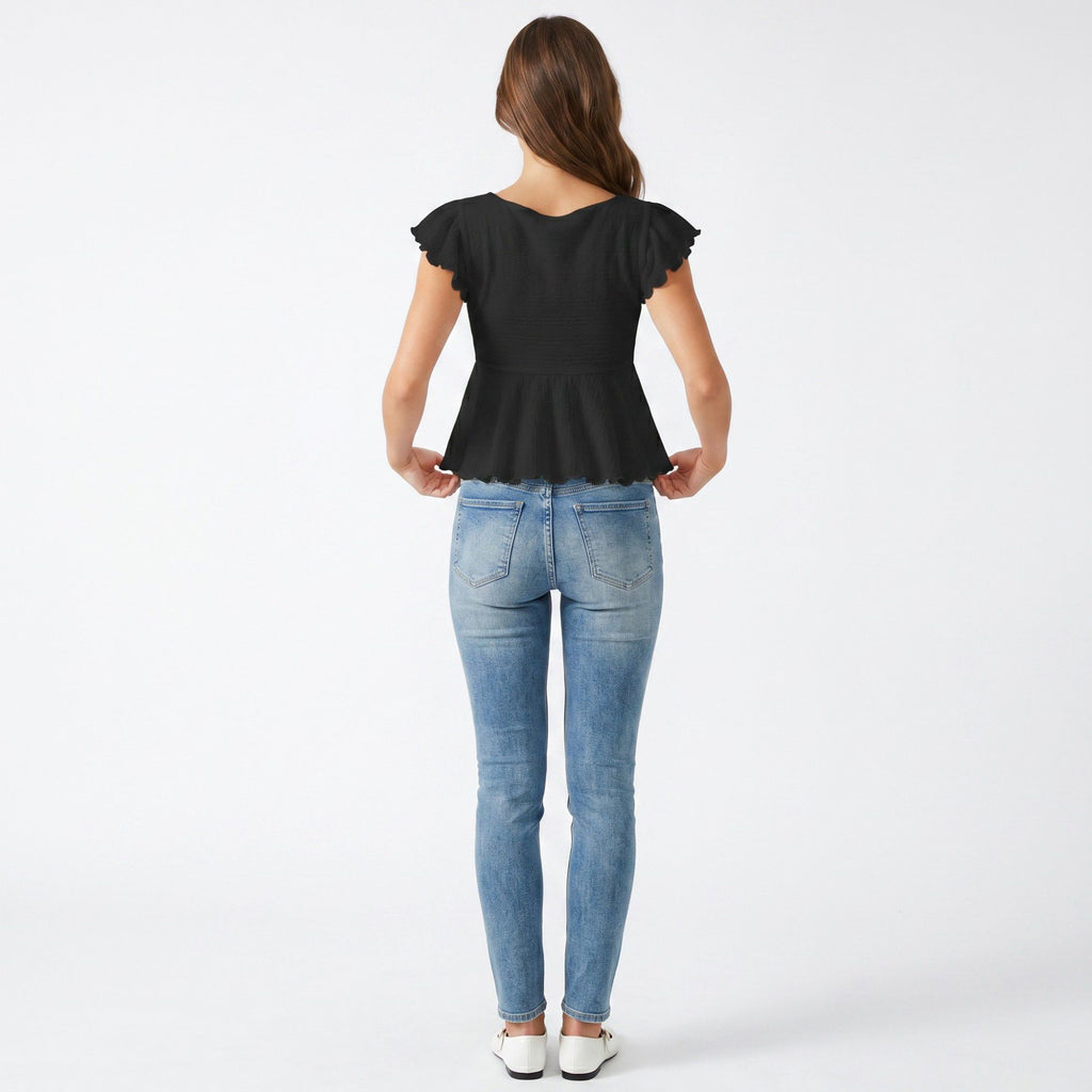 Anna-Kaci Women's Square Neck Peplum Top with Ruffle Sleeves and Front Tie Detail