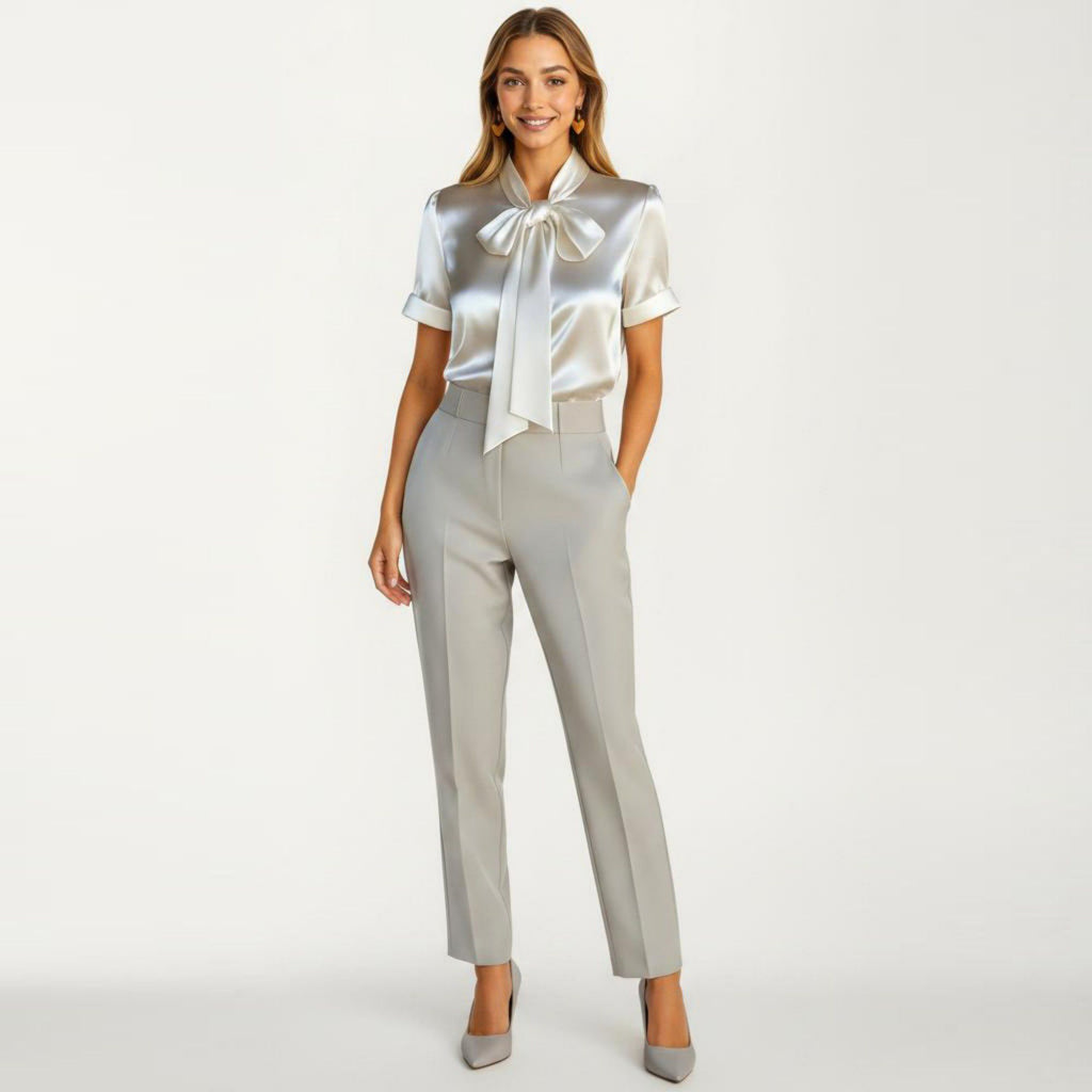 Anna-Kaci Women's Satin Bow Neck Blouse with Short Sleeves and Smooth Draped Finish