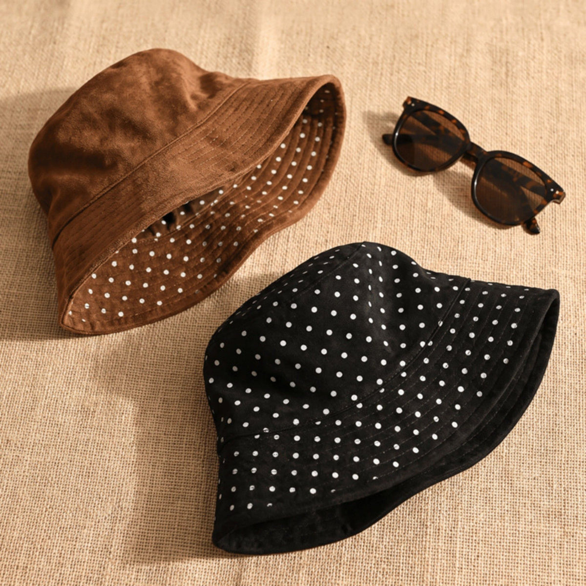Faux Suede Bucket Hat with Polka Dot Lining