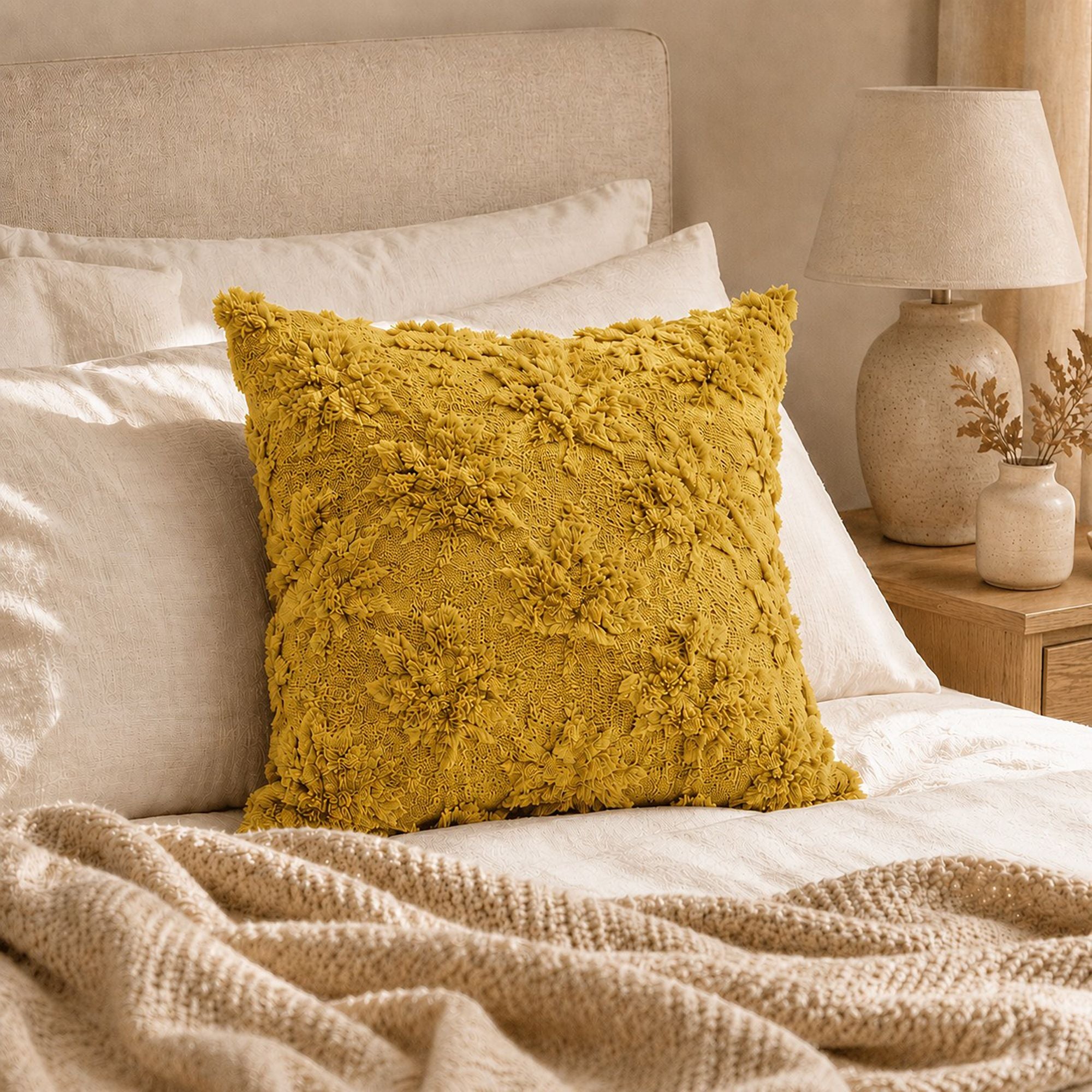 Textured Tufted Botanical Throw Pillow Cover for Couch Bed and Chair
