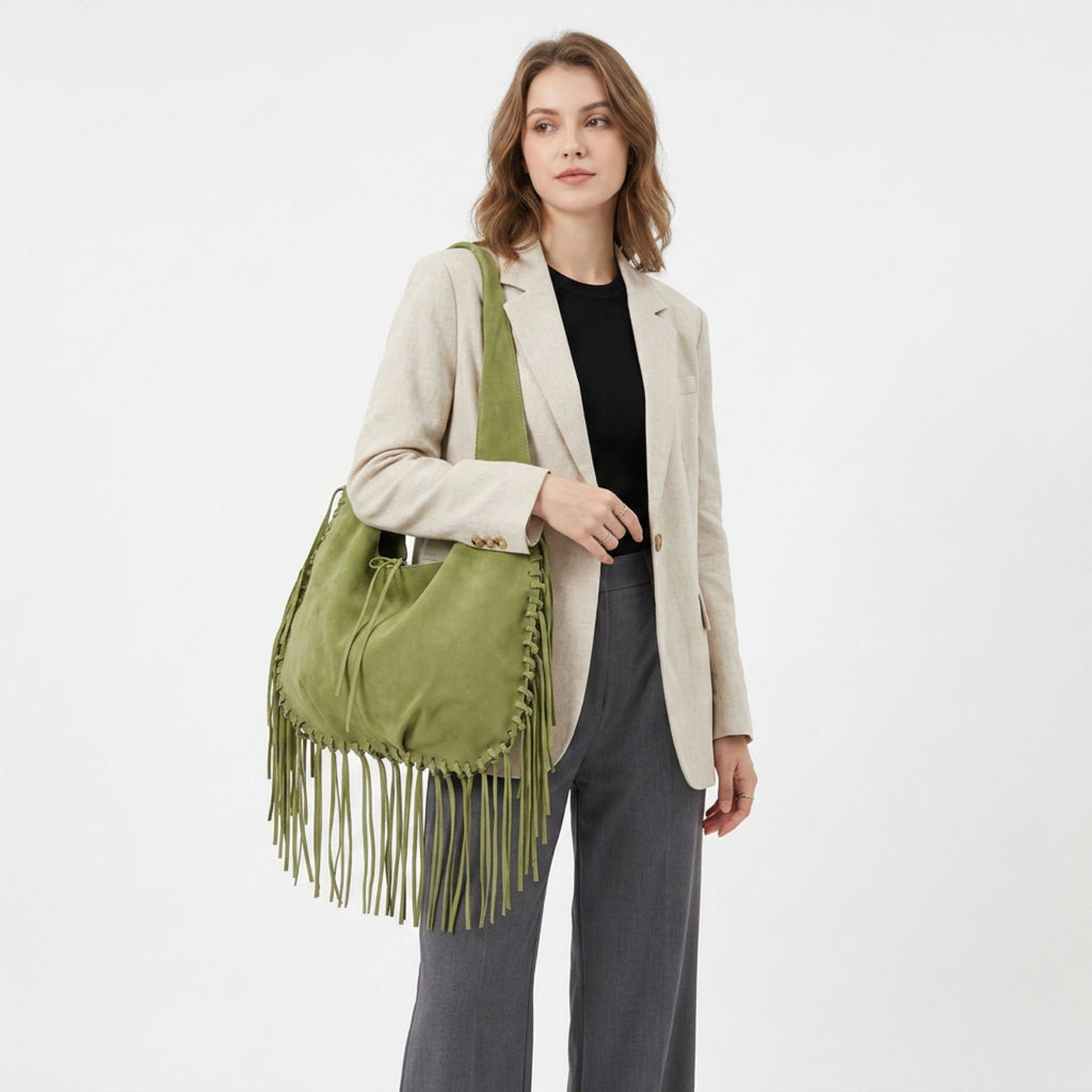 Slouchy Fringe Hobo Shoulder Bag with Tie Closure and Inner Pockets