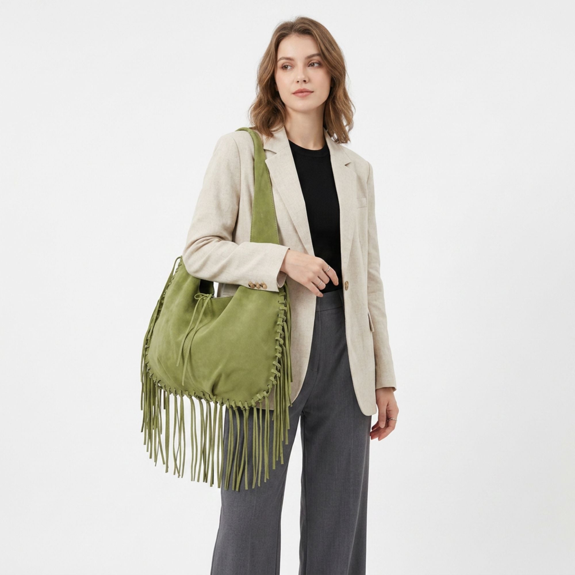 Slouchy Fringe Hobo Shoulder Bag with Tie Closure and Inner Pockets