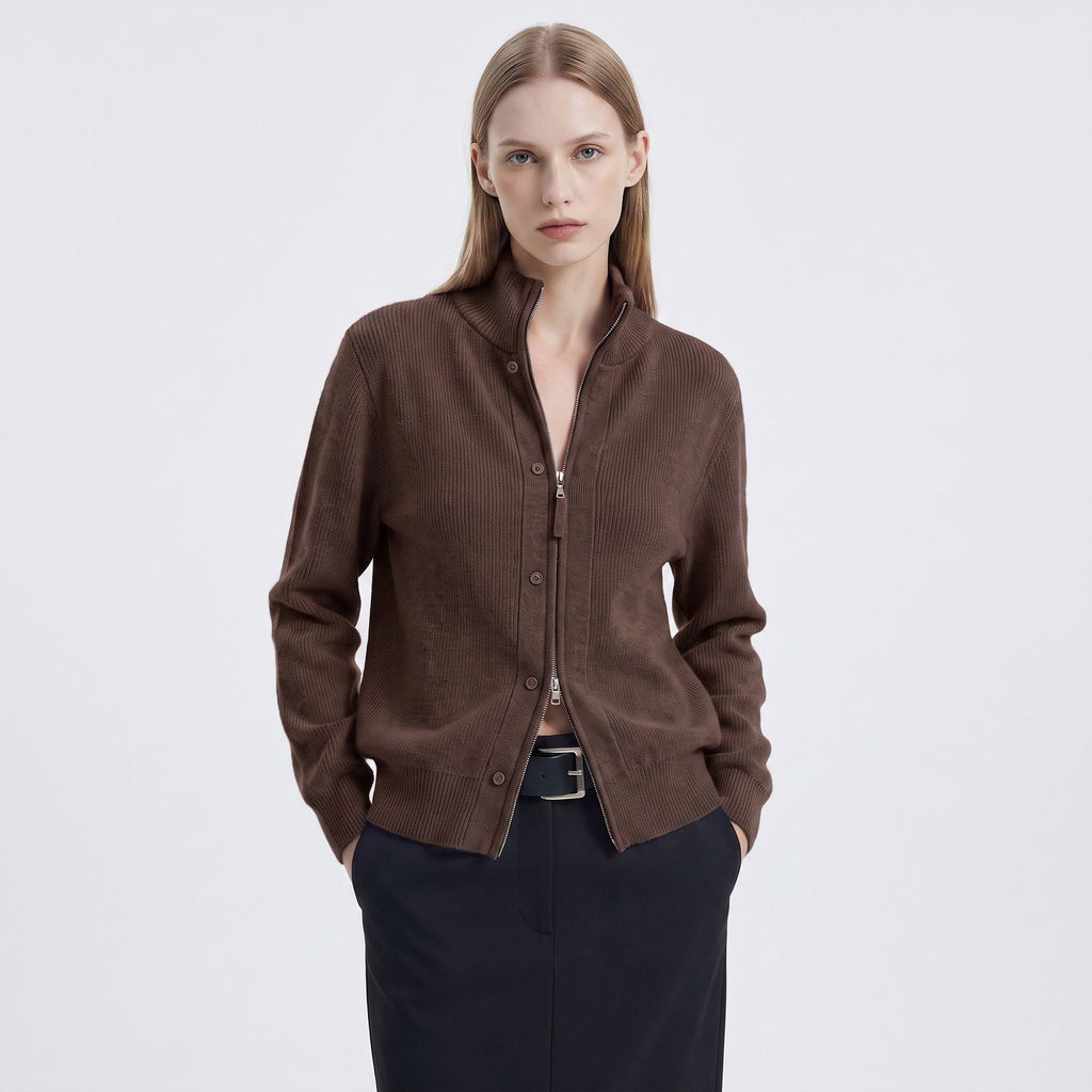 Mock Neck Zip-Front Knit Cardigan Sweater
