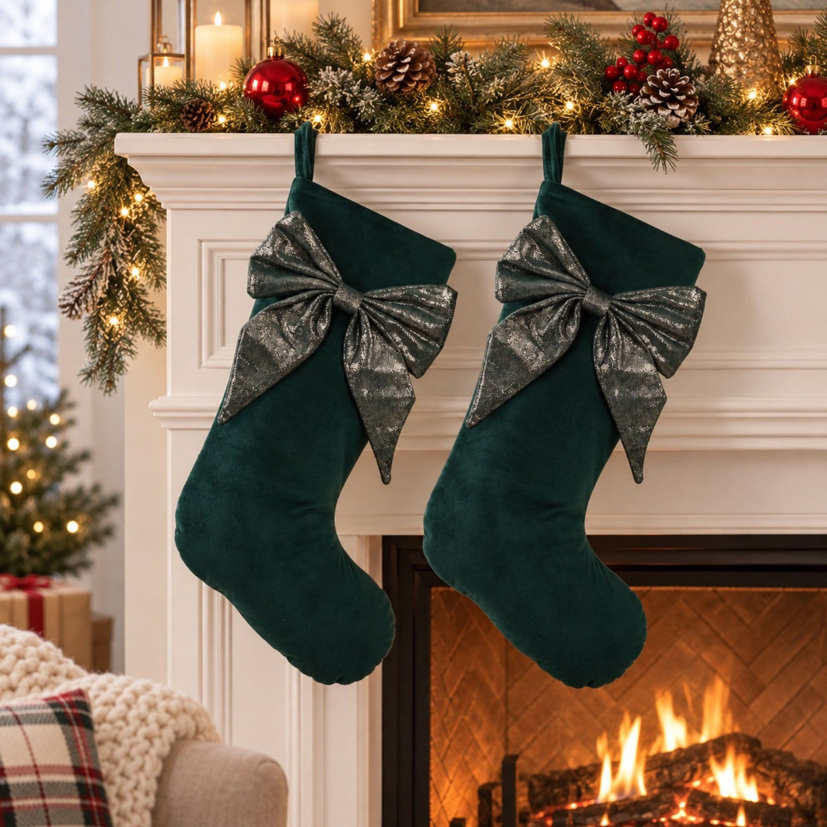 2 Pack 18 Inch Christmas Stockings with Oversized Bow Hanging Loop Holiday Mantel Decor