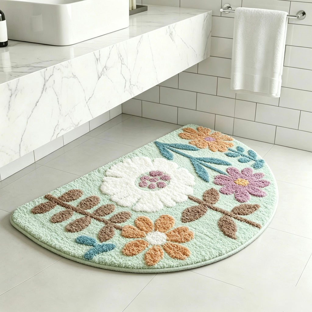 Mixed?Flower Semicircular Bathroom Floor Mat Soft Water?Absorbent Rug with Anti?Slip Base