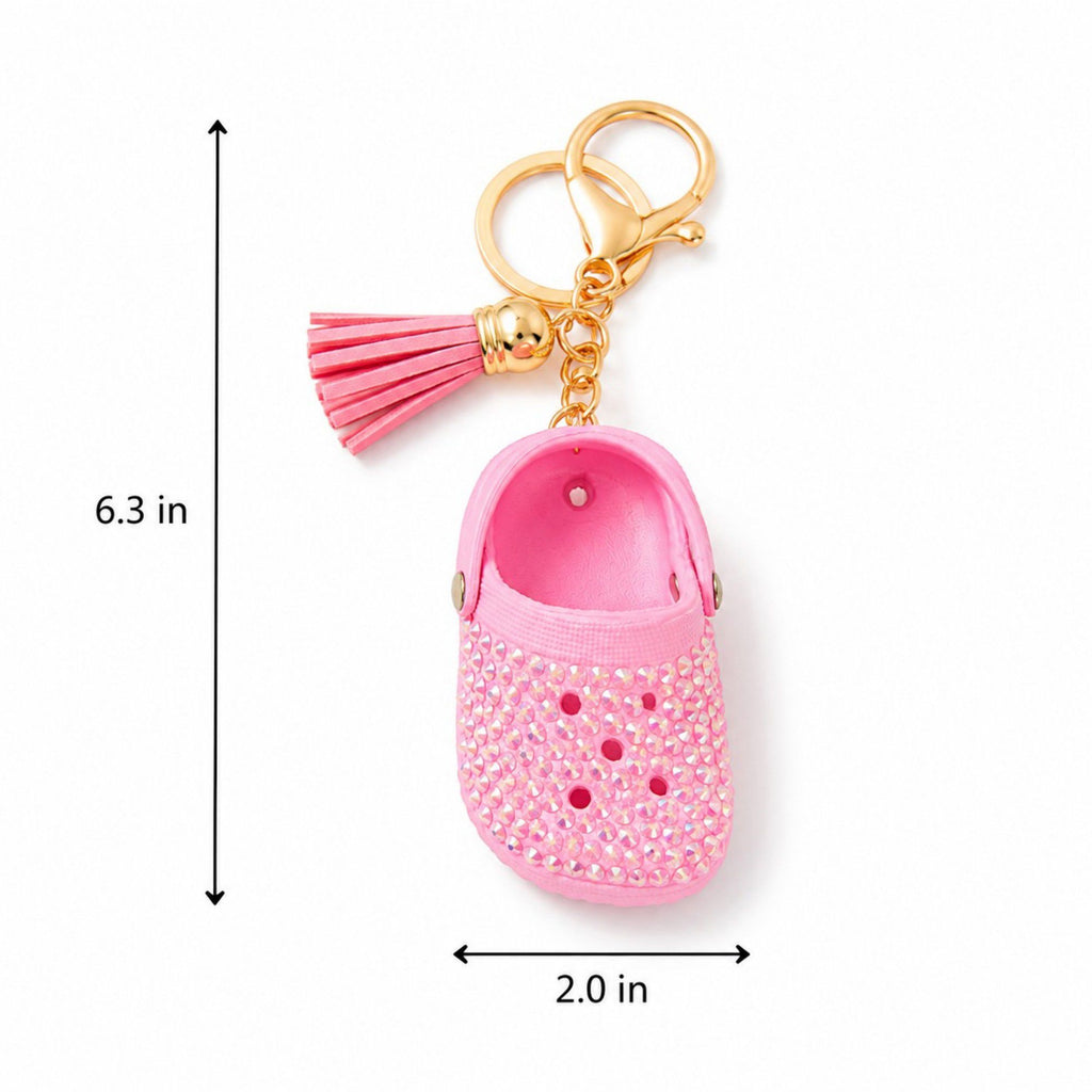 Rhinestone Mini Clog Keychain Bag Charm with Tassel Gold Tone Clip and Key Ring