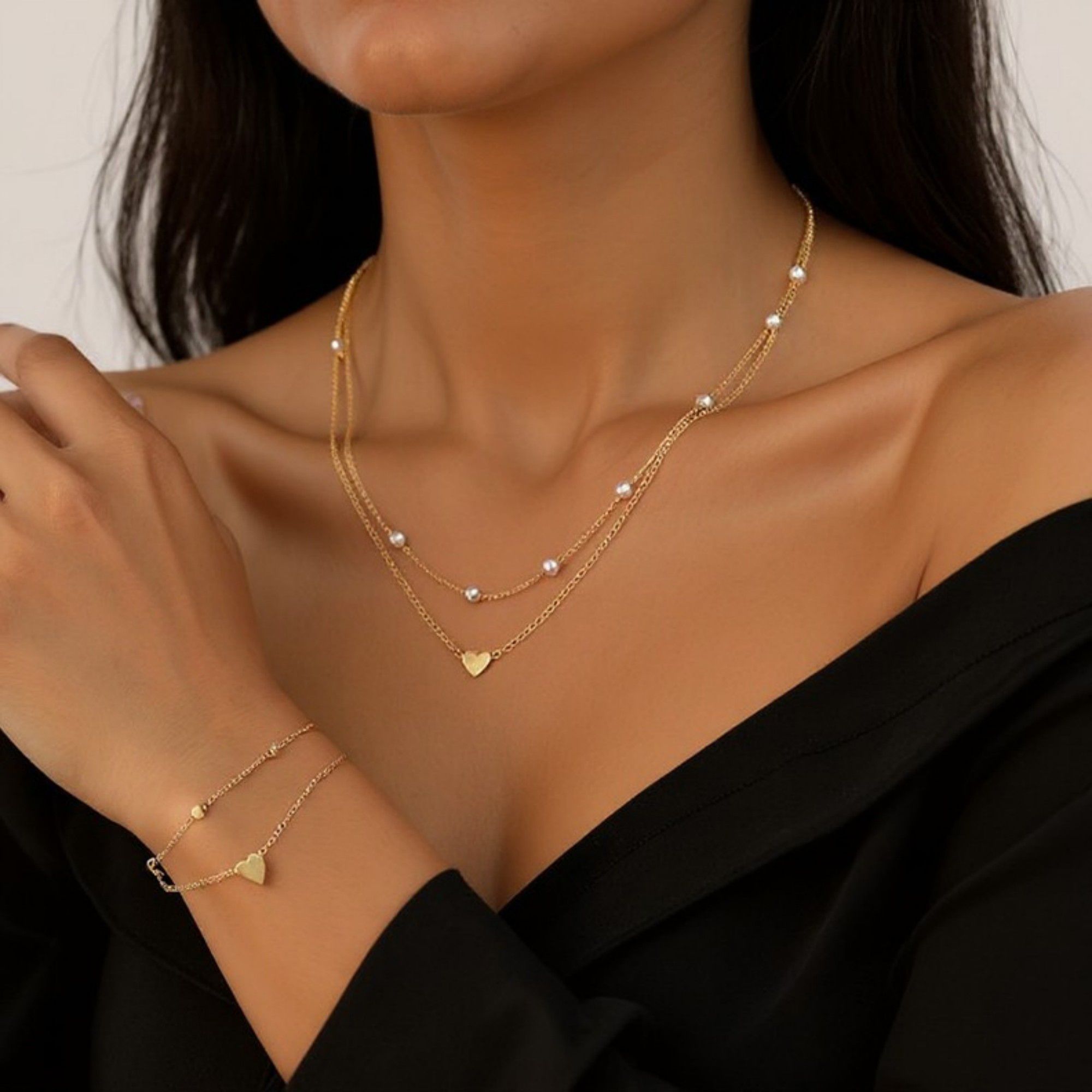 Women's Layered Necklace and Bracelet Set with Heart Charms and Pearl Accents