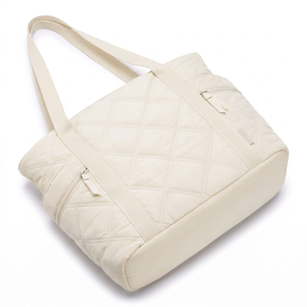 Oversized Quilted Tote Bag with Exterior Zip Pockets and Long Shoulder Straps 15.5x12.5x6.5in