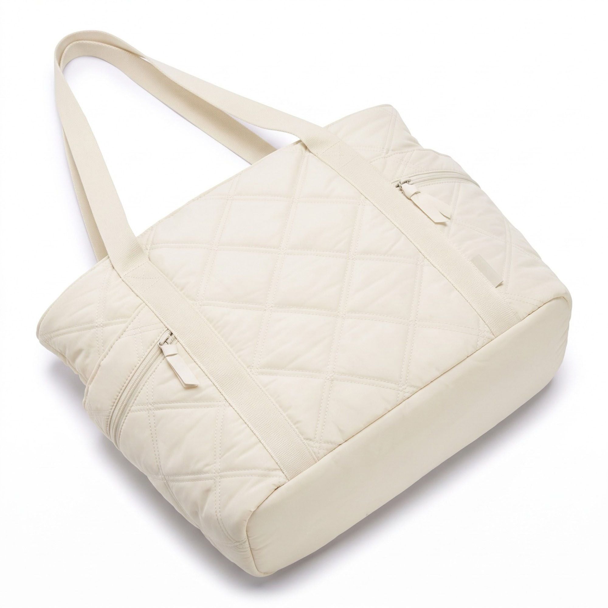 Oversized Quilted Tote Bag with Exterior Zip Pockets and Long Shoulder Straps 15.5x12.5x6.5in