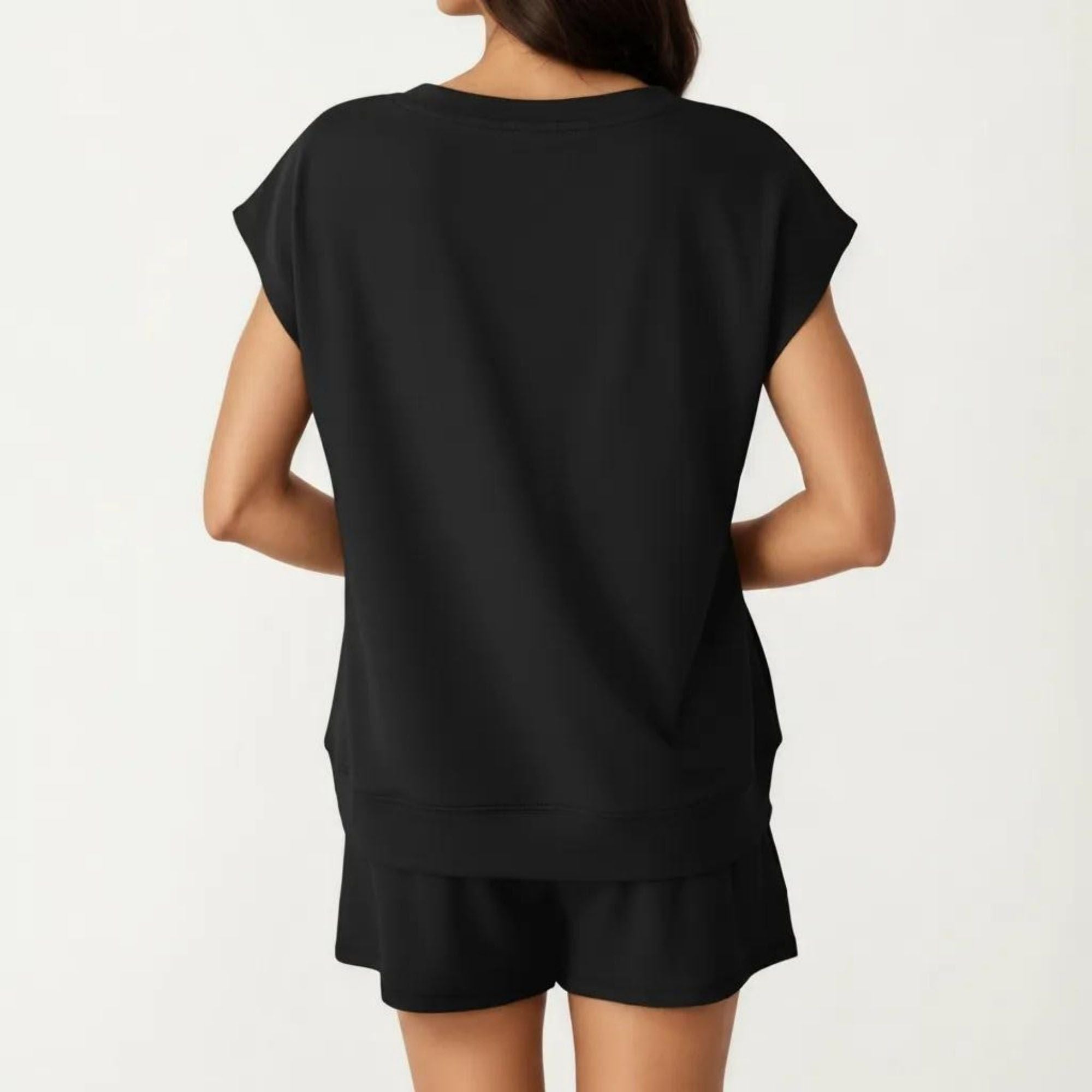 Anna-Kaci Women's 2-Piece Set Short Sleeve V Neck Top and Drawstring Shorts with Pockets Relaxed Fit Lounge Set