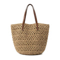 Woven Crochet Tote Bag with Leather Shoulder Straps Large Capacity Knit Handbag Lightweight Open Weave Tote