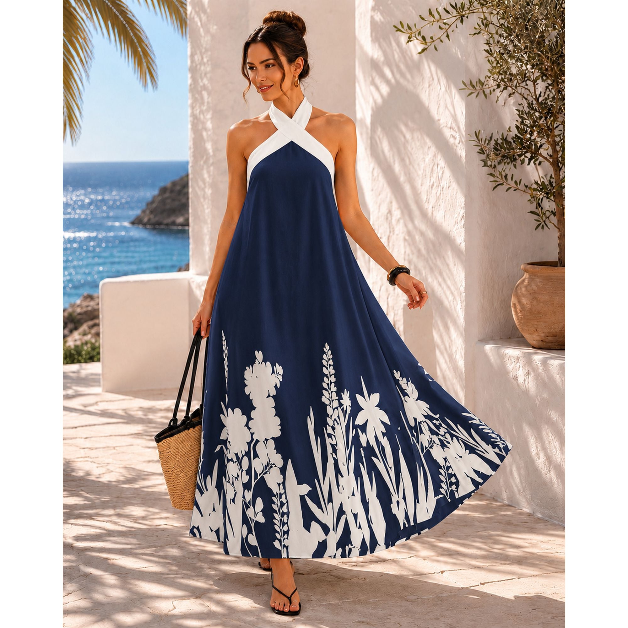 Halter Neck Maxi Dress with Crisscross Straps Open Back Tie Waist Botanical Border Print and A Line Skirt