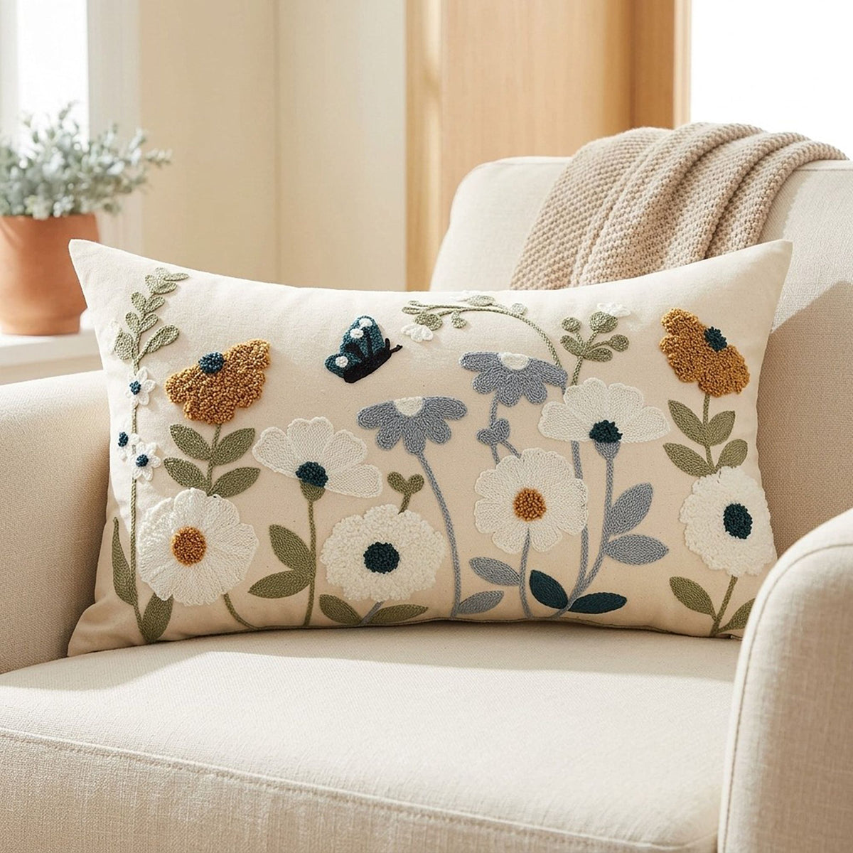 Embroidered Floral Butterfly Lumbar Decorative Throw Pillow Cover