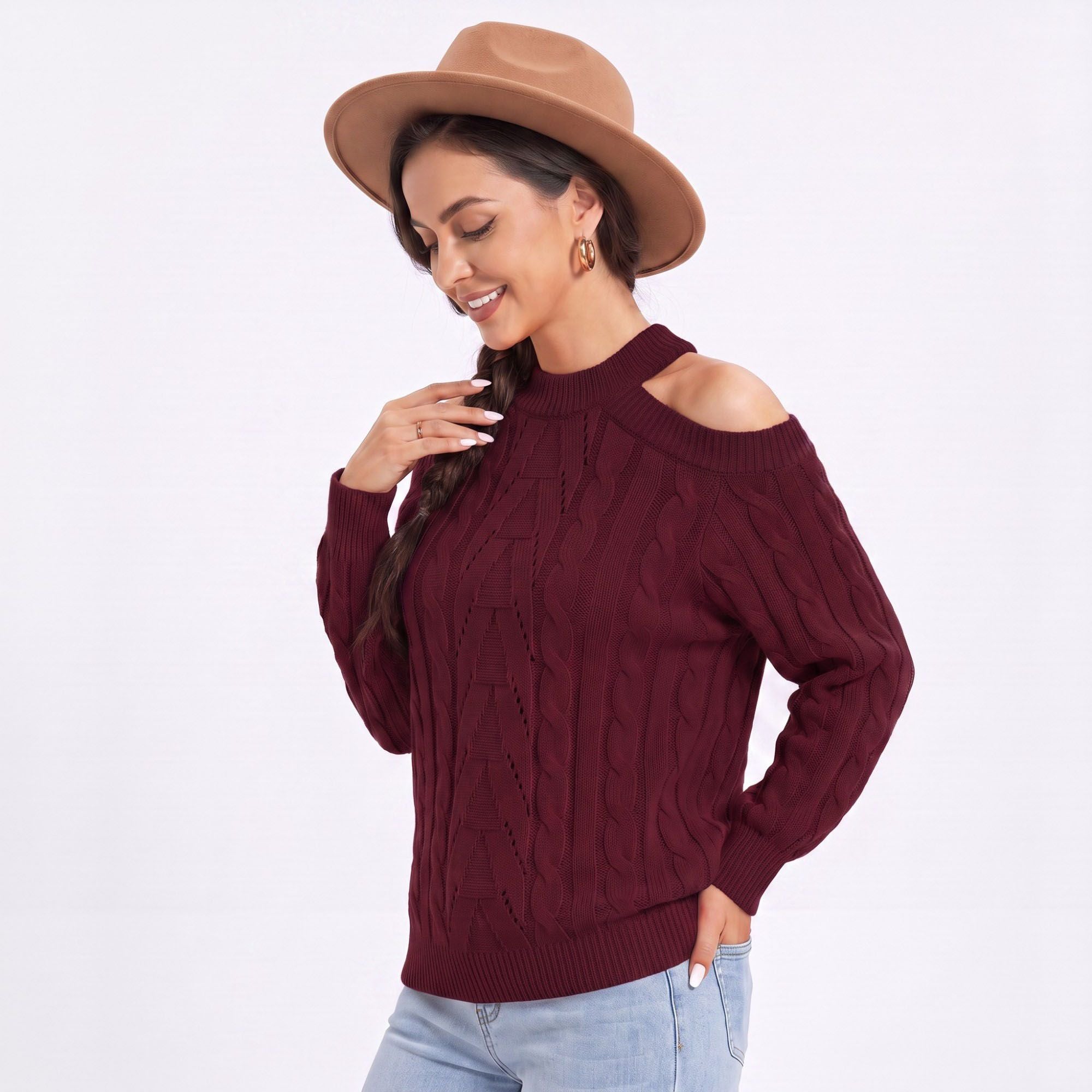 Mock Neck Cold Shoulder Cable Knit Long Sleeve Pullover Sweater
