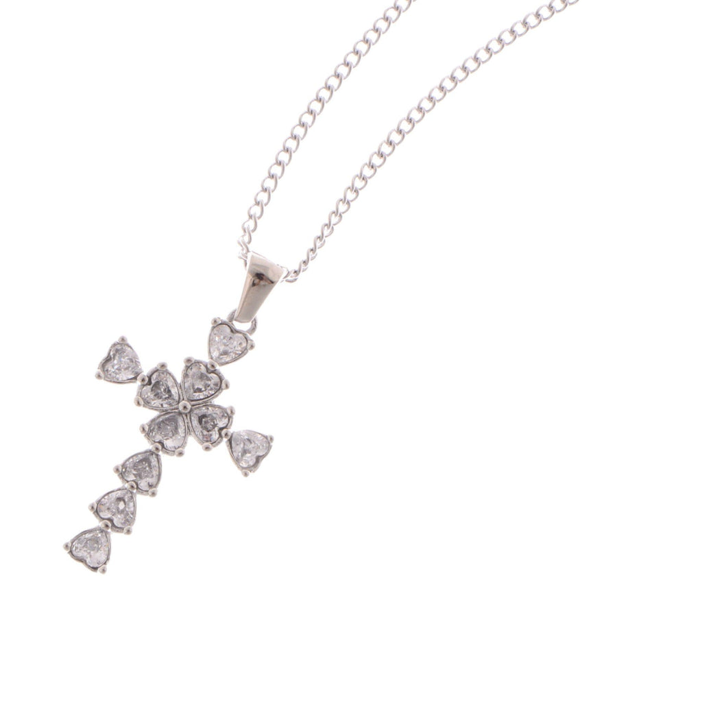 Silver Tone Cross Pendant Fashion Style Necklace with Heart-Shaped Gemstone Accents