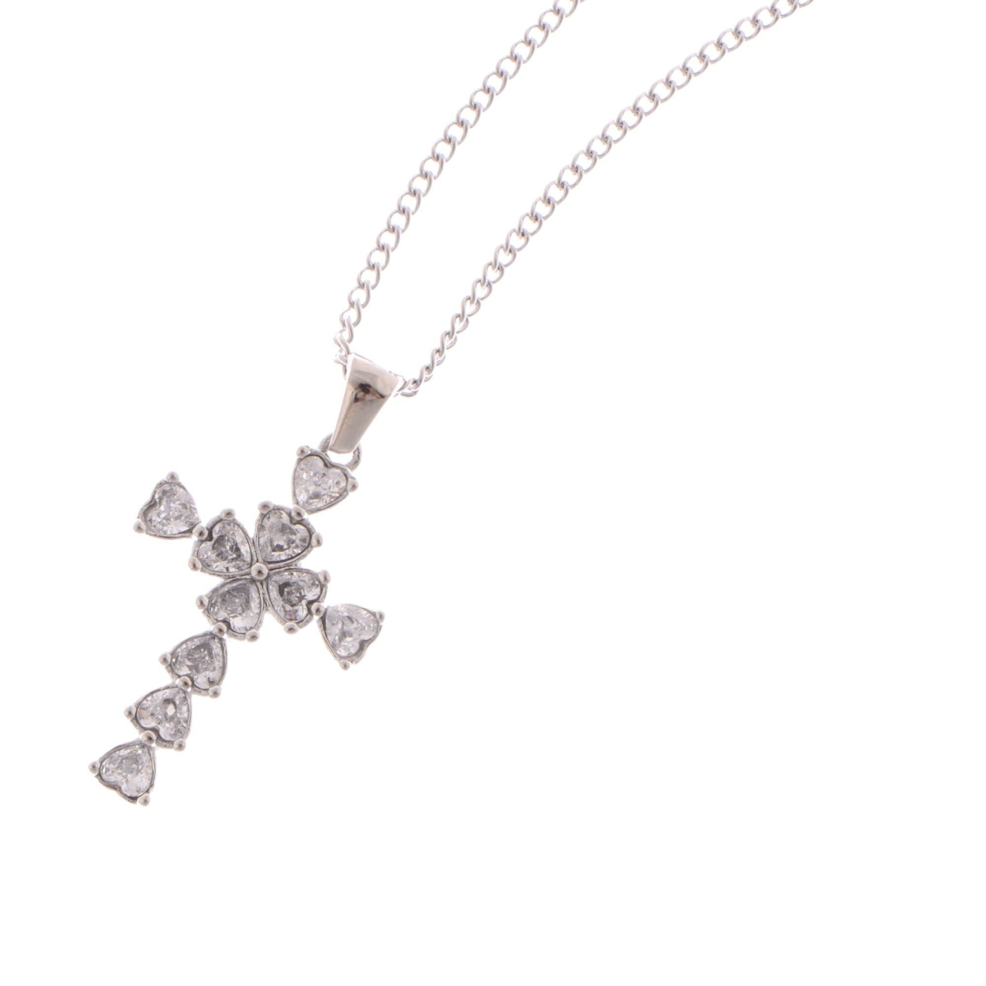 Silver Tone Cross Pendant Fashion Style Necklace with Heart-Shaped Gemstone Accents
