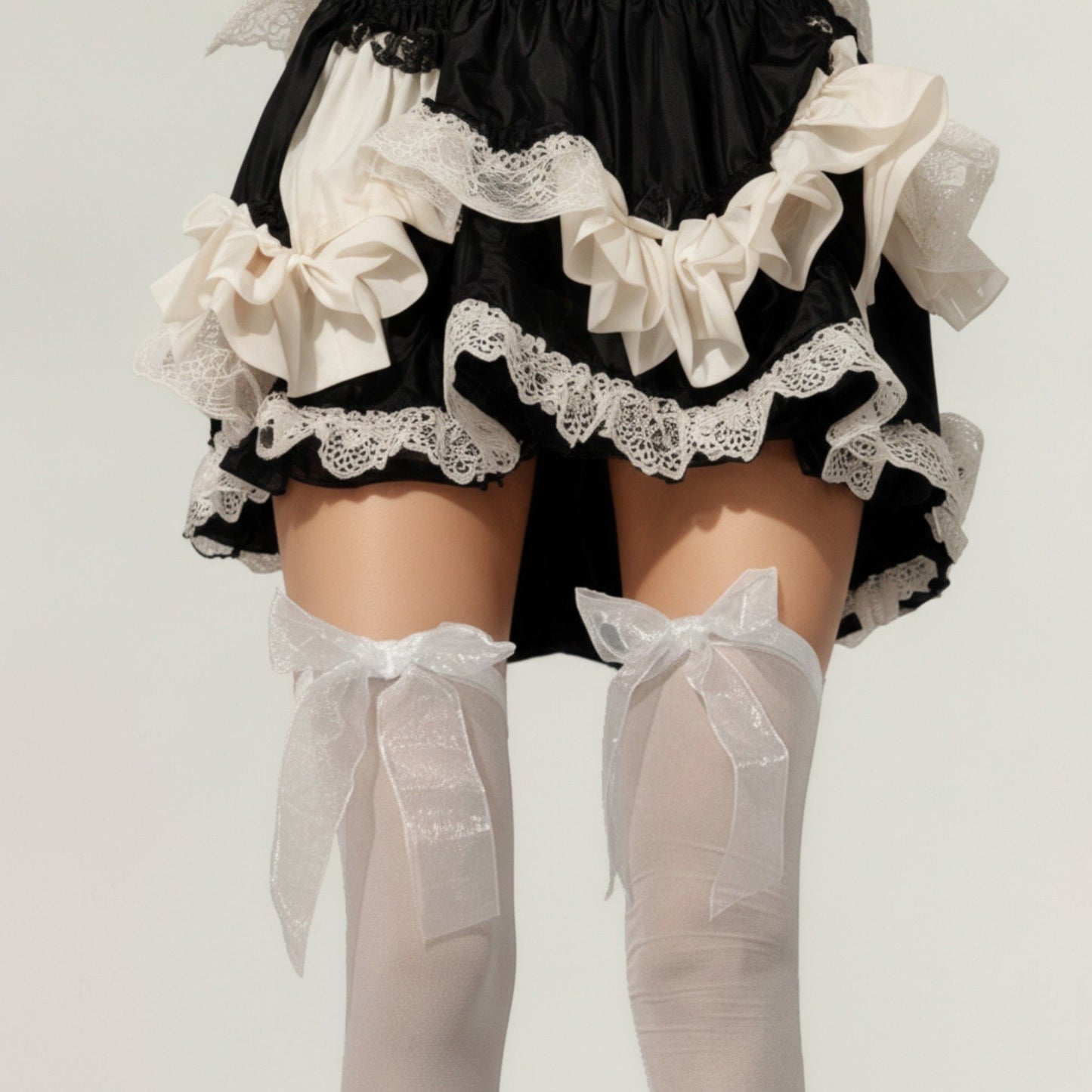 Anna-Kaci 2pcs Women's Sheer Thigh High Stockings with Oversized Organza Bow Accents and Soft Stretch Fit for Elegant Feminine Styling