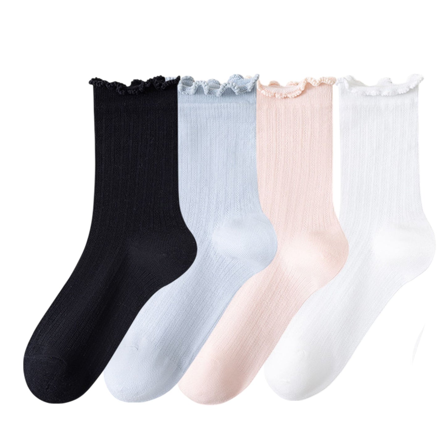Anna-Kaci Women's 4-Pair Pack Soft Ribbed Ankle Socks with Ruffled Edge Trim Lightweight Knit Design in Multiple Color Combinations