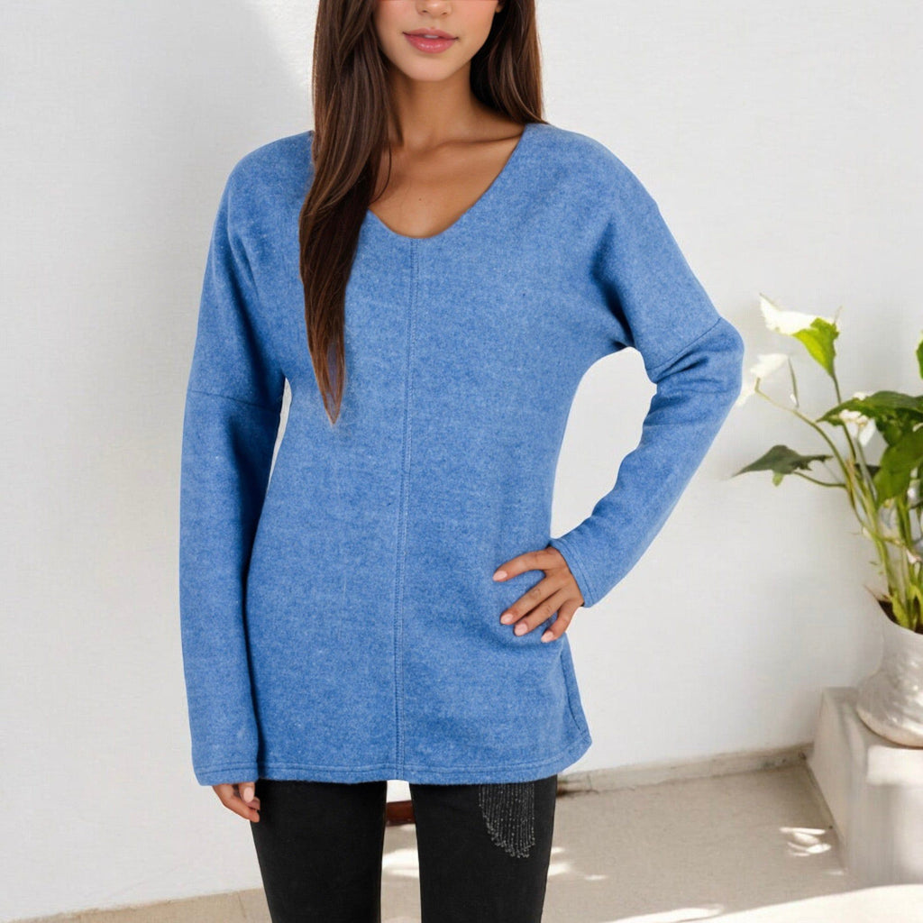Anna-Kaci Women's Long Sleeve V-Neck Tunic Sweater with Seam Detail