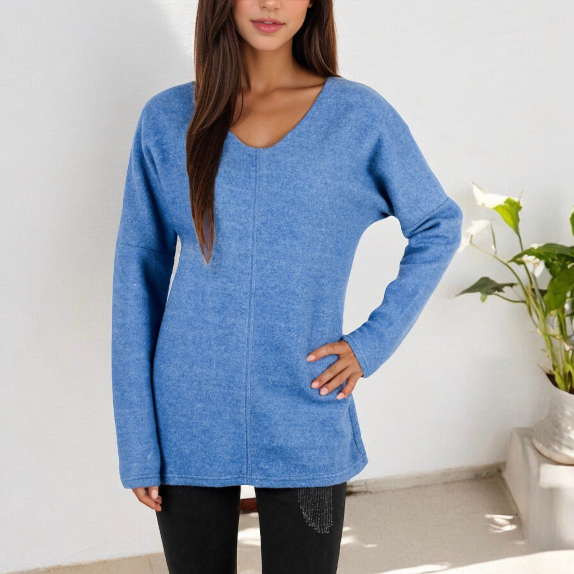 Anna-Kaci Women's Long Sleeve V-Neck Tunic Sweater with Seam Detail