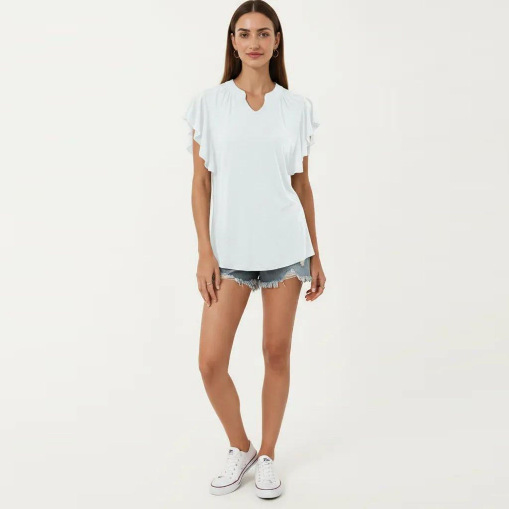 Anna-Kaci Women's Short Sleeve Top with Flutter Ruffle Sleeves and Split V Neck Relaxed Fit Casual Shirt
