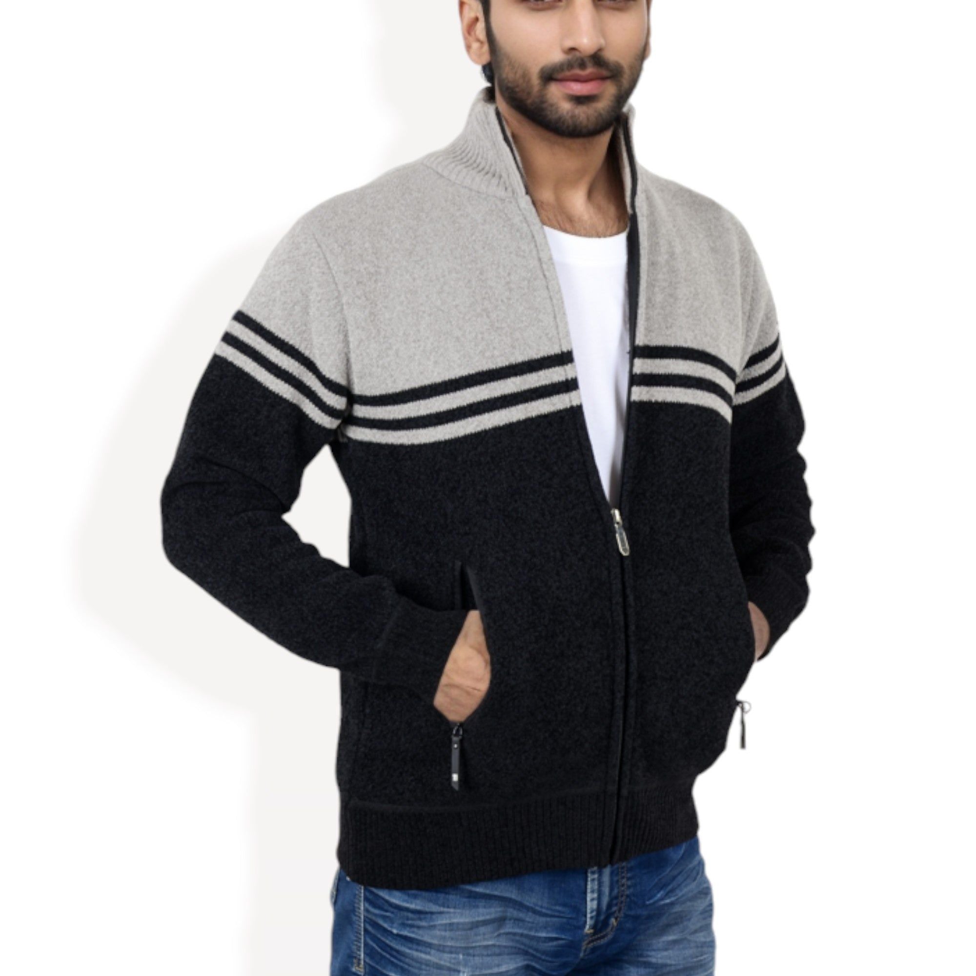 Anna-Kaci Men's Zip-Up Striped Fleece Jacket with High Collar and Front Pockets