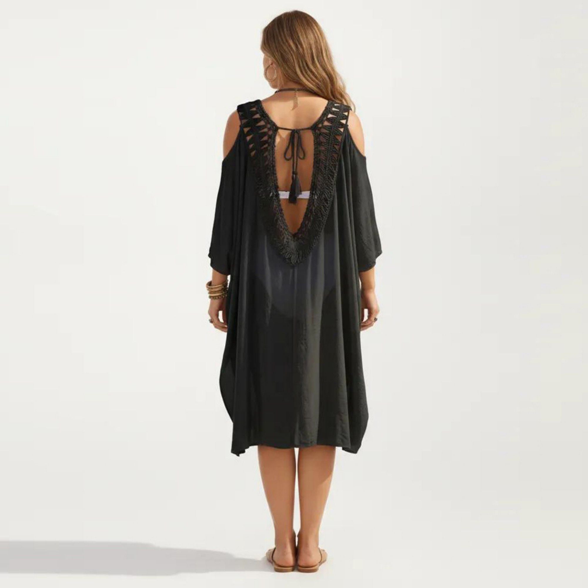 Anna-Kaci Women's Crochet V Neck Swim Cover Up Dress with Cold Shoulder Sleeves and Relaxed Fit