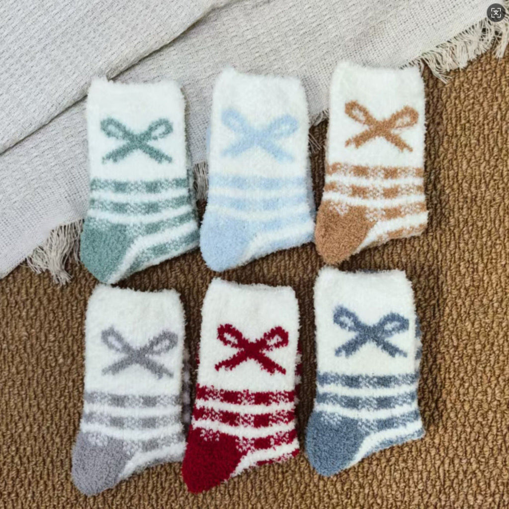 Anna-Kaci 3-Pair Fuzzy Bow Knit Crew Socks Set with Plush Soft Texture, Stretchy Cozy Fabric, and Graphic Bow Pattern for Gifting