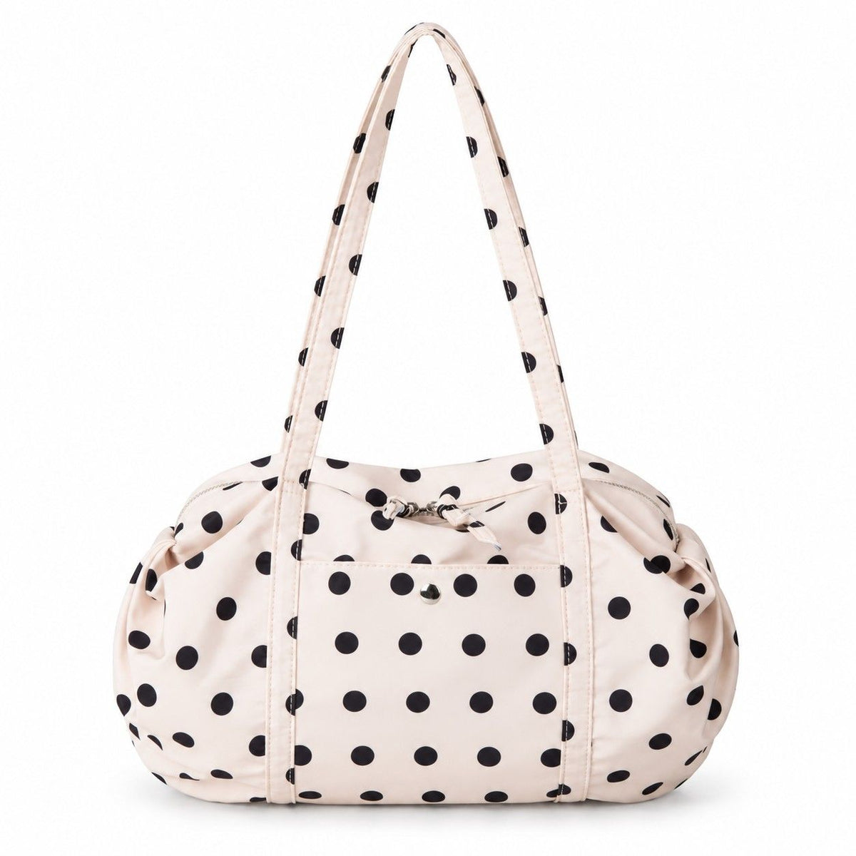 Polka Dot Nylon Barrel Shoulder Bag with Double Handles Zip Closure and Interior Pockets