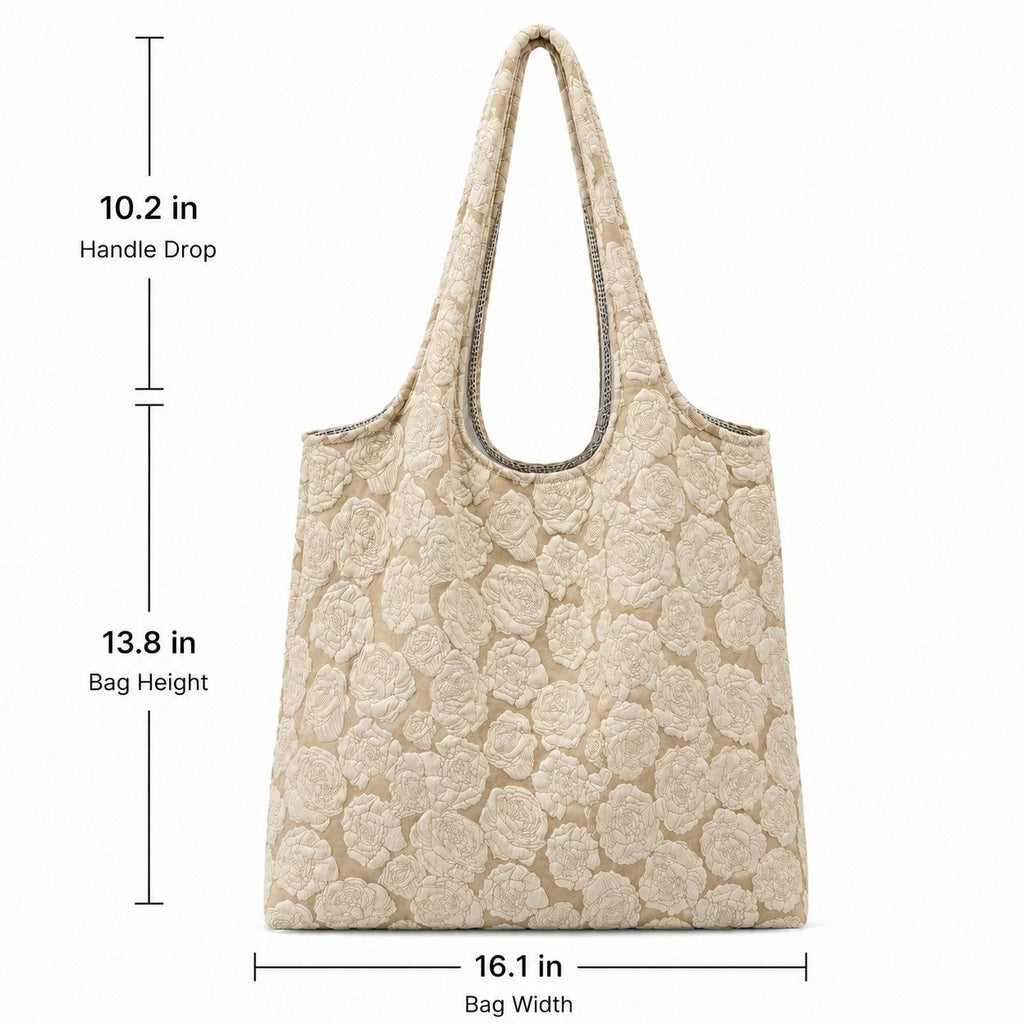 Floral Embossed Shoulder Tote Bag Soft Textured Lightweight Fabric Carryall Handbag