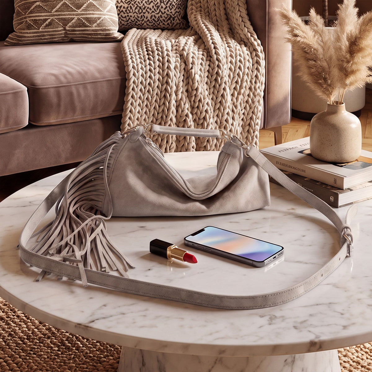 Slouchy Shoulder Handbag with Fringe Tassel and Zipper Closure