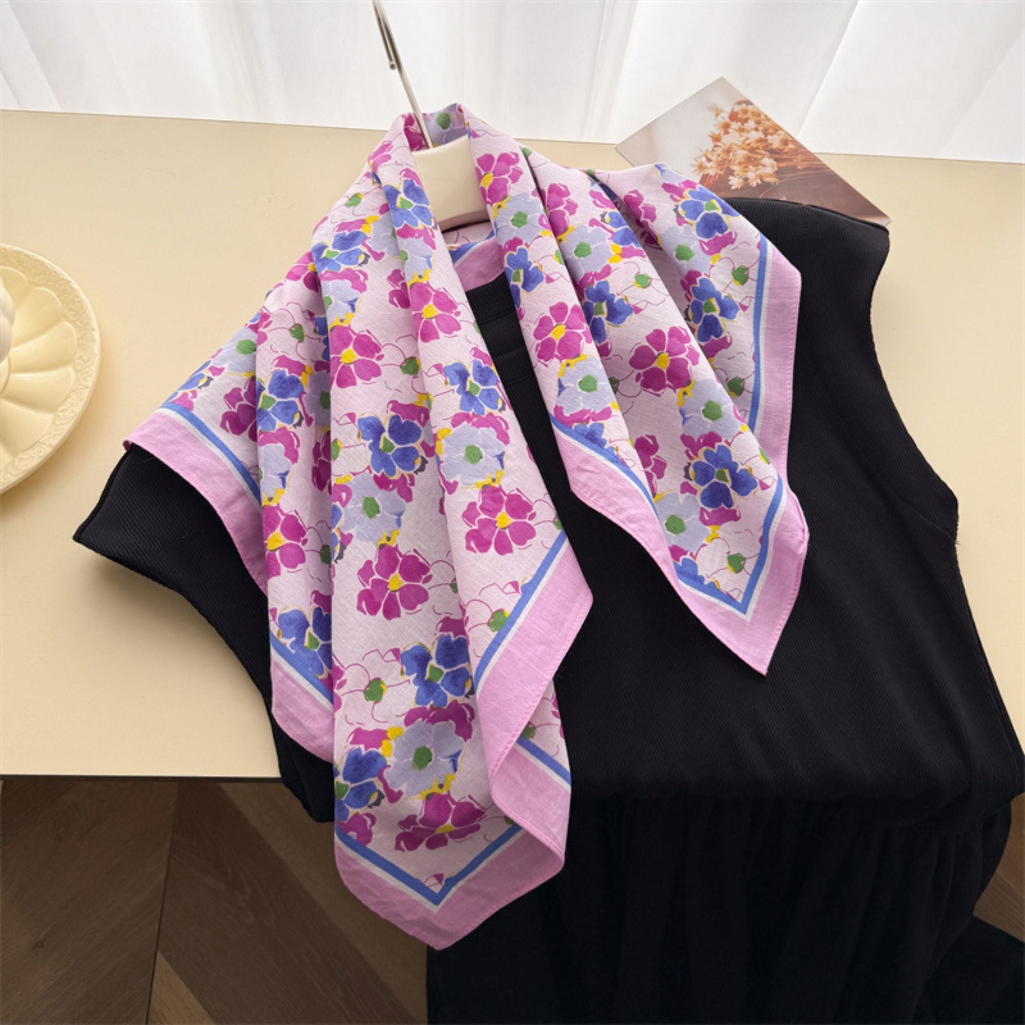 Floral Print Cotton Square Scarf Lightweight Soft Neck Hair Head Scarf Wrap 25.5¡Á25.5 Inches