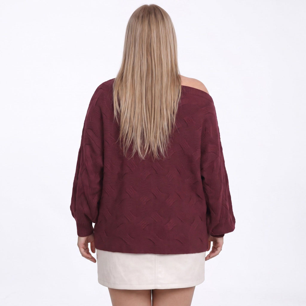 Plus Size Burgundy Off-Shoulder Floral Cable Knit Sweater