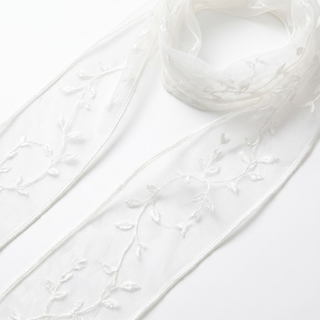 Sheer Embroidered Skinny Scarf with Vine Detail and Long Neck Tie Design