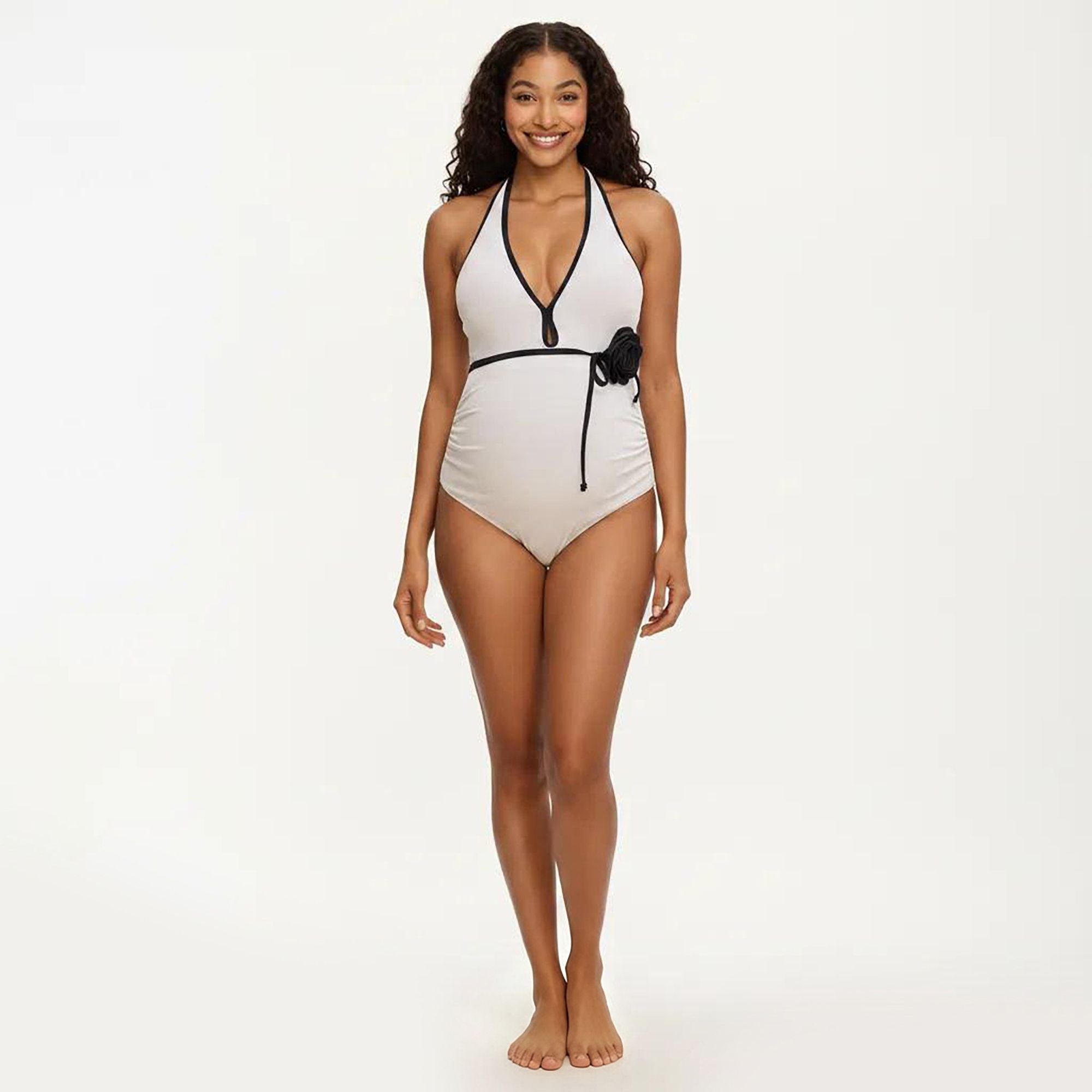Anna-Kaci Swim Women's Maternity Ribbed One-Piece Swimsuit with Halter Neckline and Floral Tie Waist