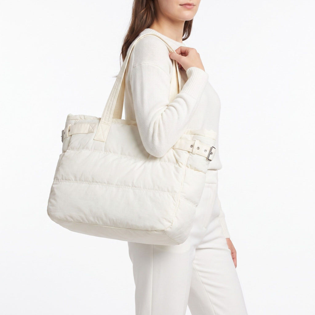 Oversized Puffer Tote Bag with Long Shoulder Straps and Side Buckle Details 13.5x14x4.5in