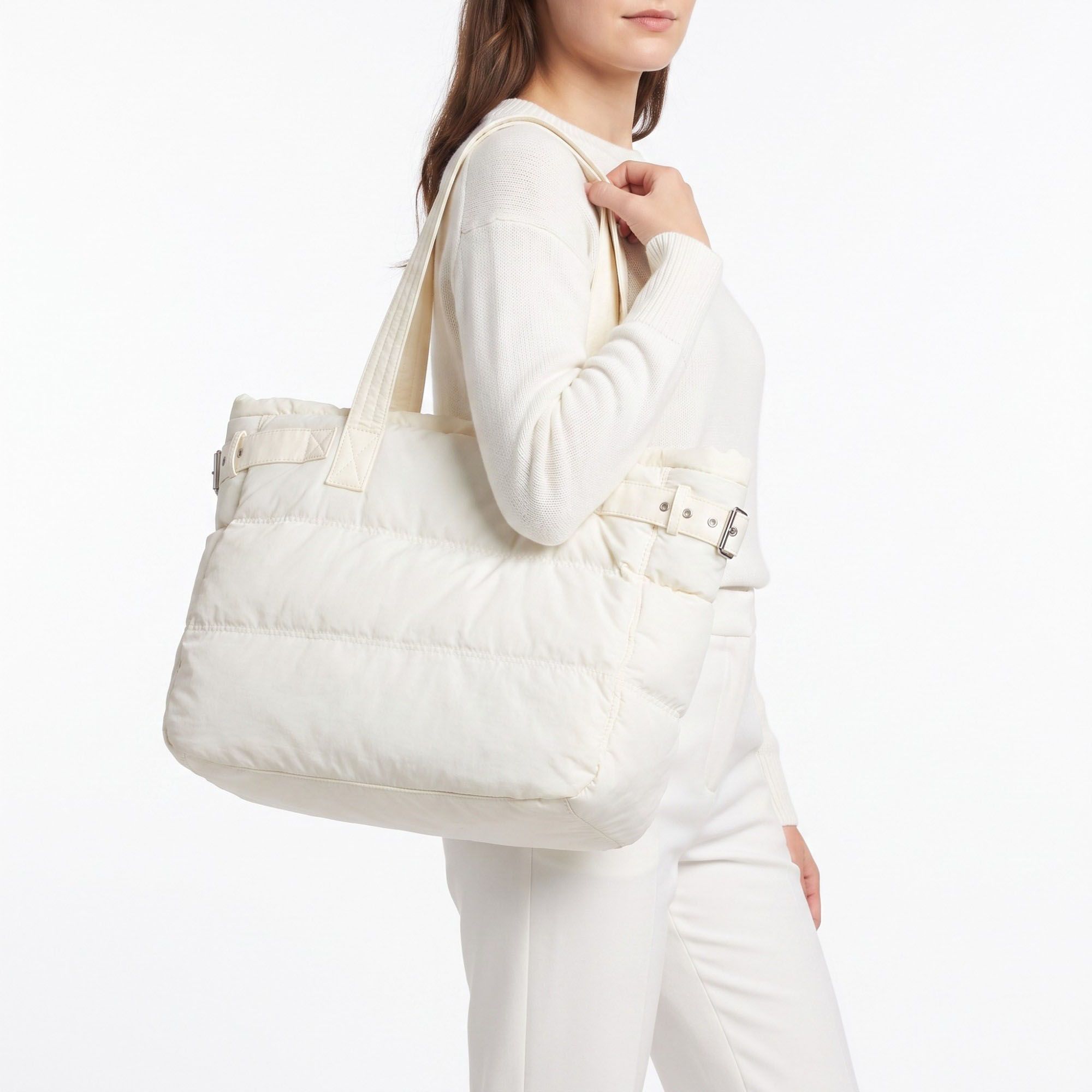 Oversized Puffer Tote Bag with Long Shoulder Straps and Side Buckle Details 13.5x14x4.5in