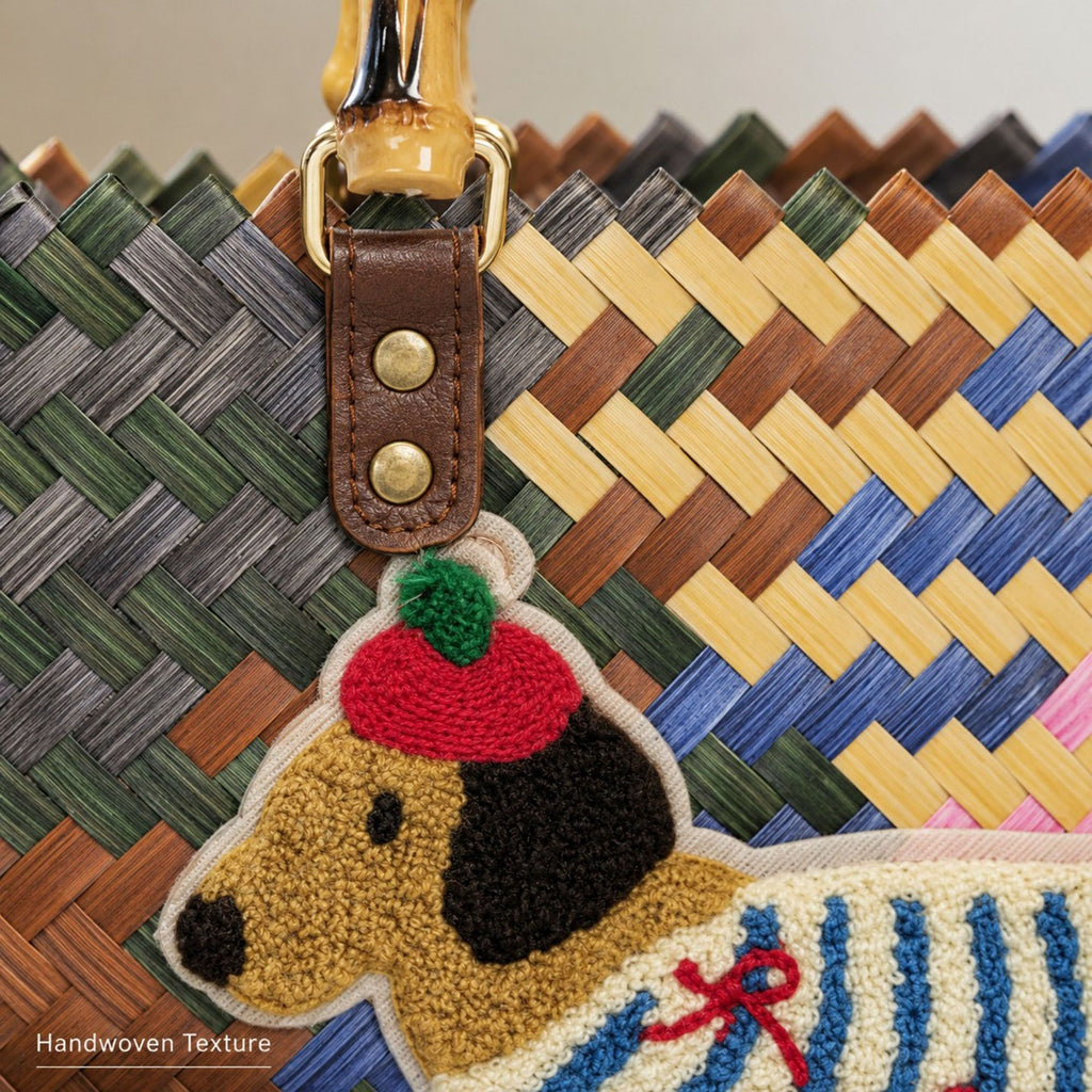 Woven Bamboo Handle Tote Handbag with Whimsical Dachshund Applique, Structured Shape and Roomy Interior
